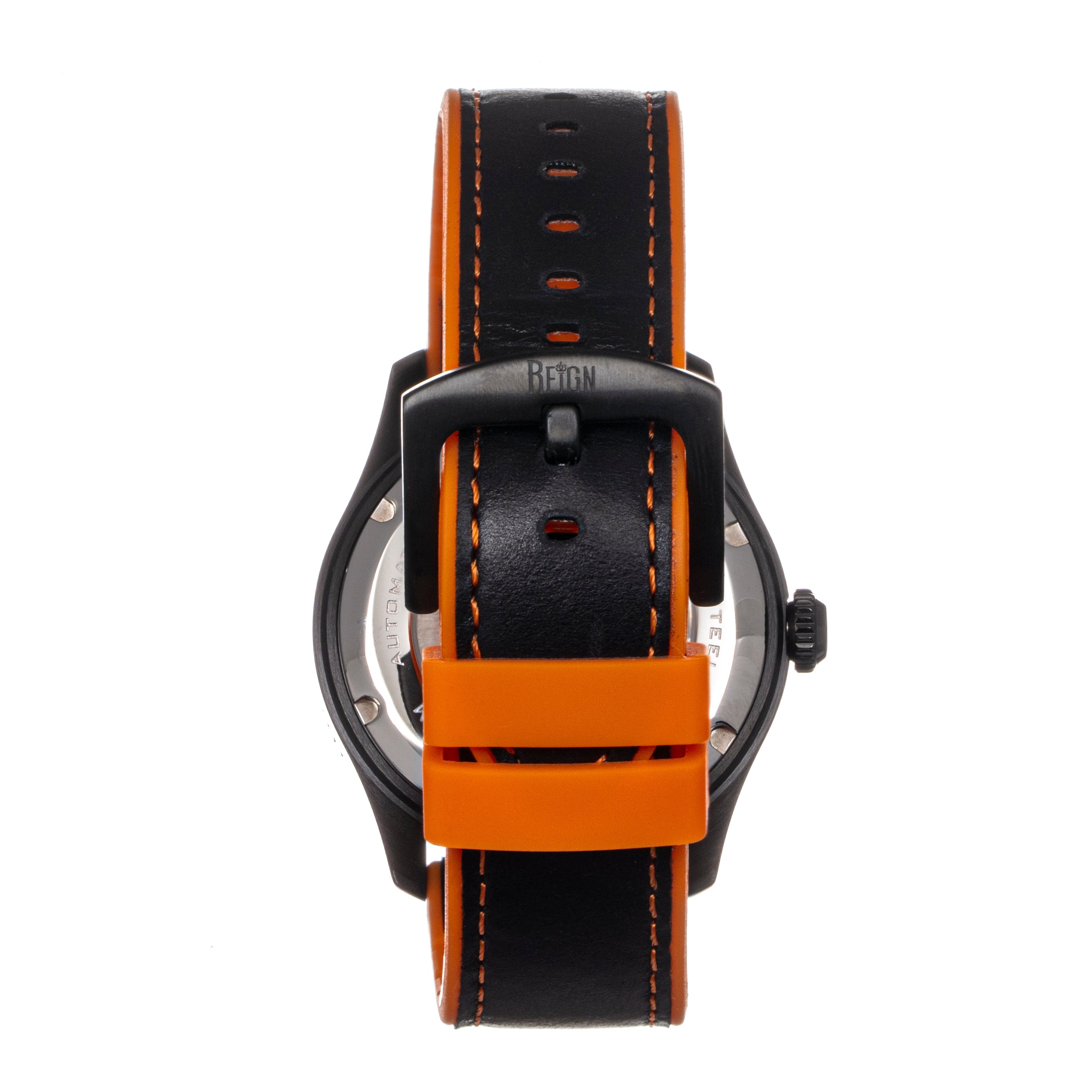 Reign Elijah Automatic Rubber Inlaid Leather-Band Watch W/Date - Black/Orange  - REIRN6505