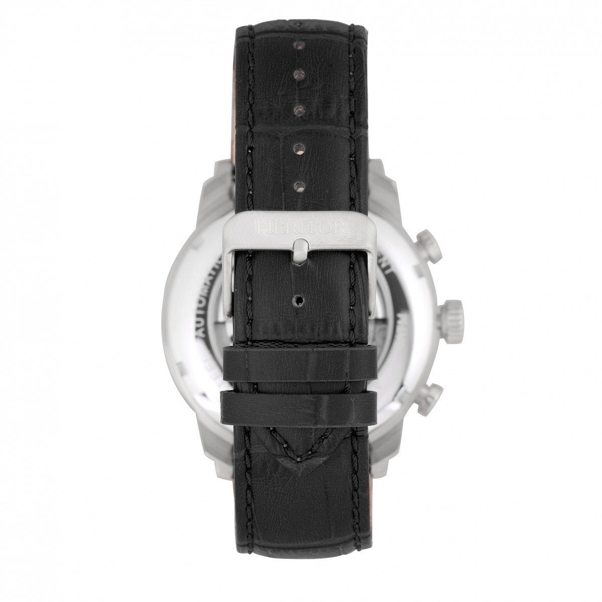 Heritor Automatic Arthur Semi-Skeleton Leather-Band Watch w/ Day/Date - Silver/Black - HERHR7902