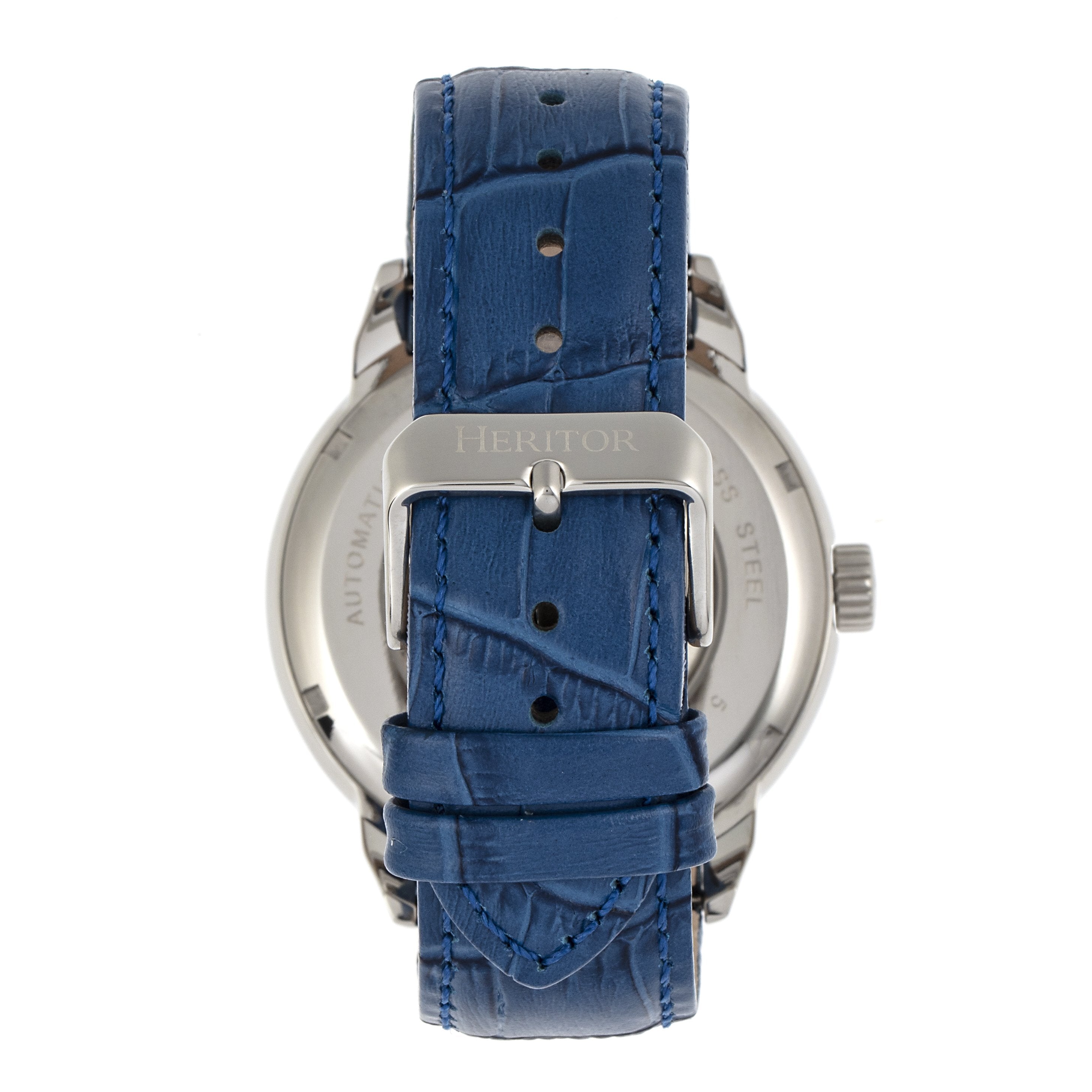 Heritor Automatic Sanford Semi-Skeleton Leather-Band Watch - Silver/Blue - HERHR8301