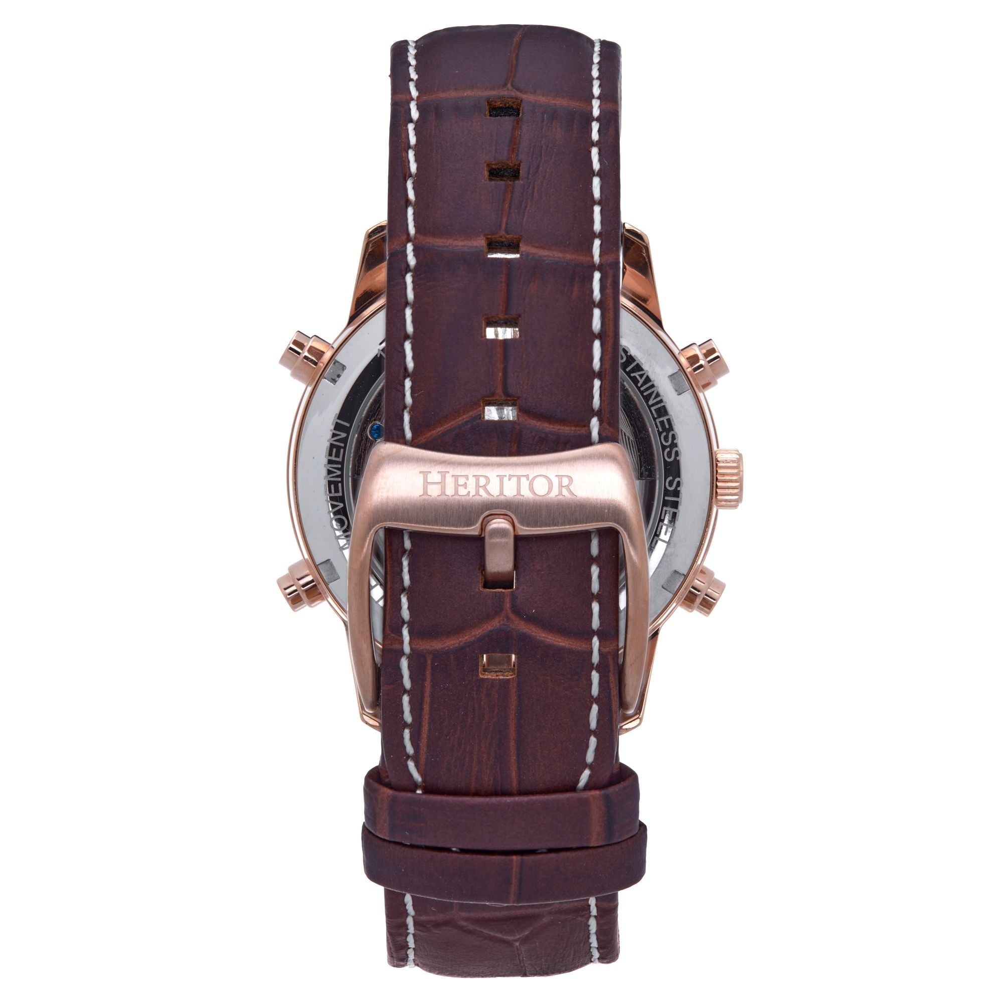 Heritor Automatic Wilhelm Semi-Skeleton Leather-Band Watch w/Day/Date - Brown/Rose Gold - HERHS2106