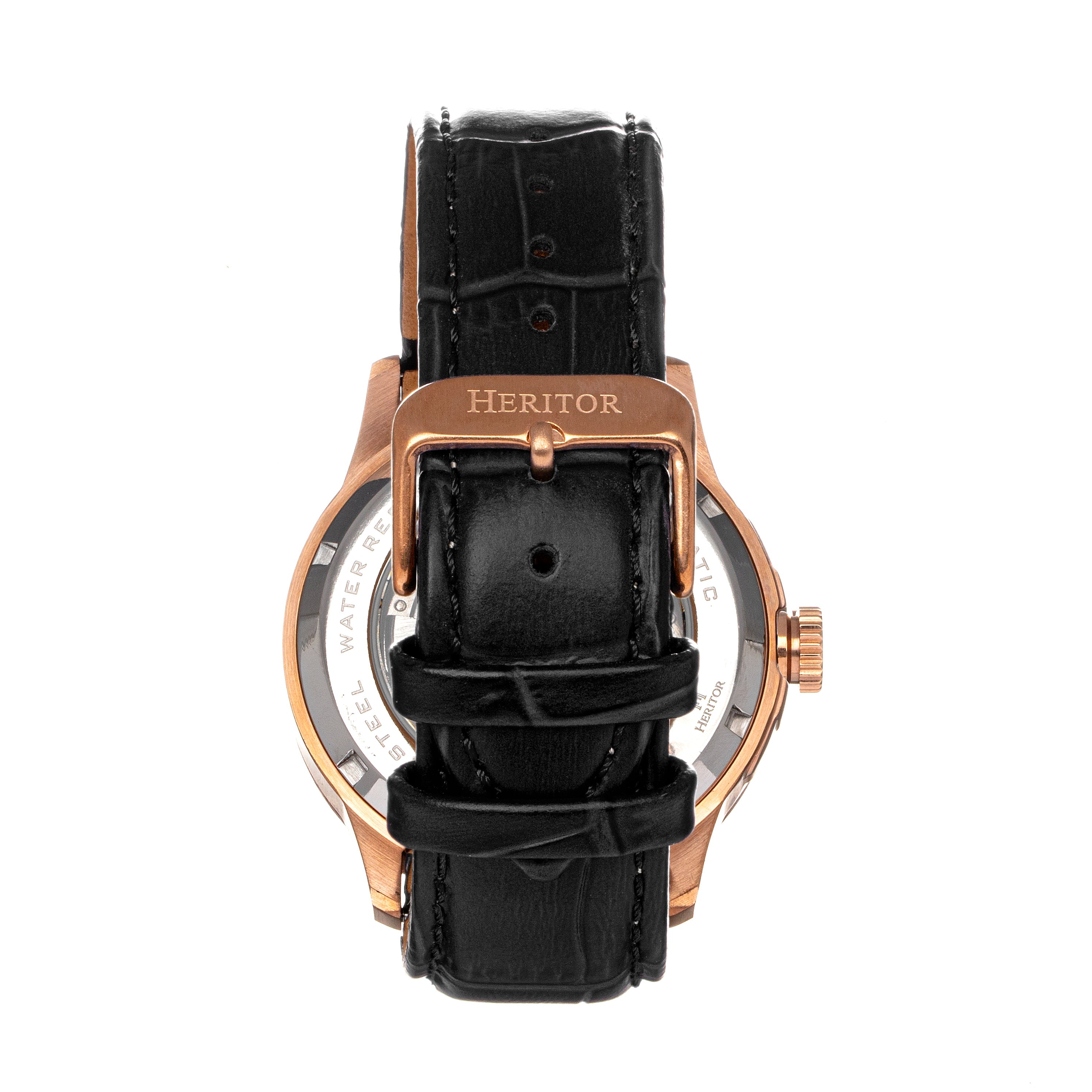 Heritor Automatic Everest Wooden Bezel Leather Band Watch /Date  - Rose Gold/Black - HERHS1605