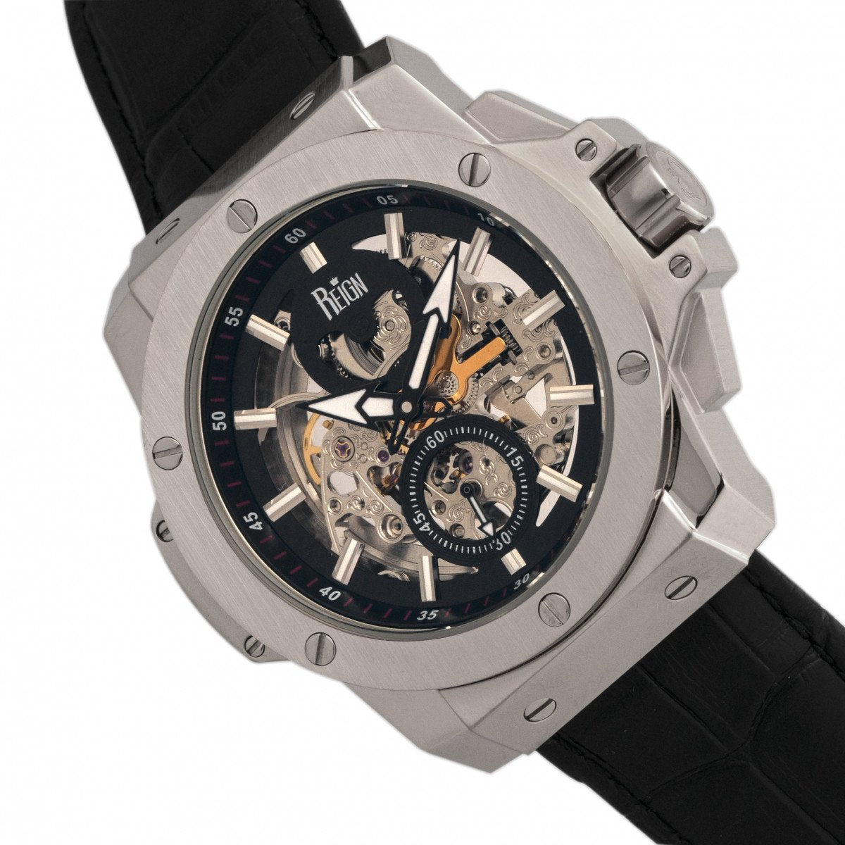 Reign Commodus Automatic Skeleton Leather-Band Watch - Silver/Black - REIRN4002