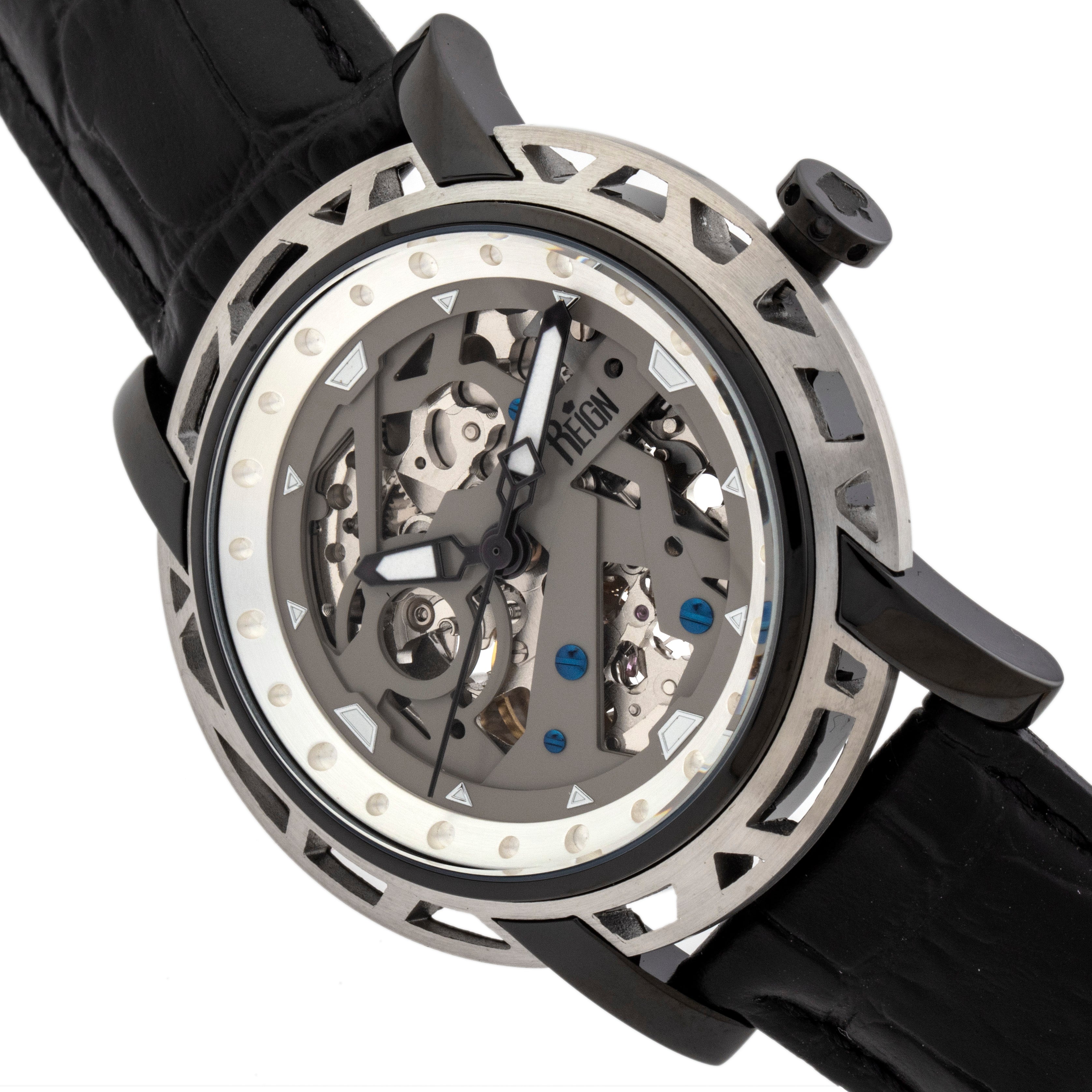 Reign Stavros Automatic Skeleton Leather-Band Watch - Silver/Charcoal - REIRN3704