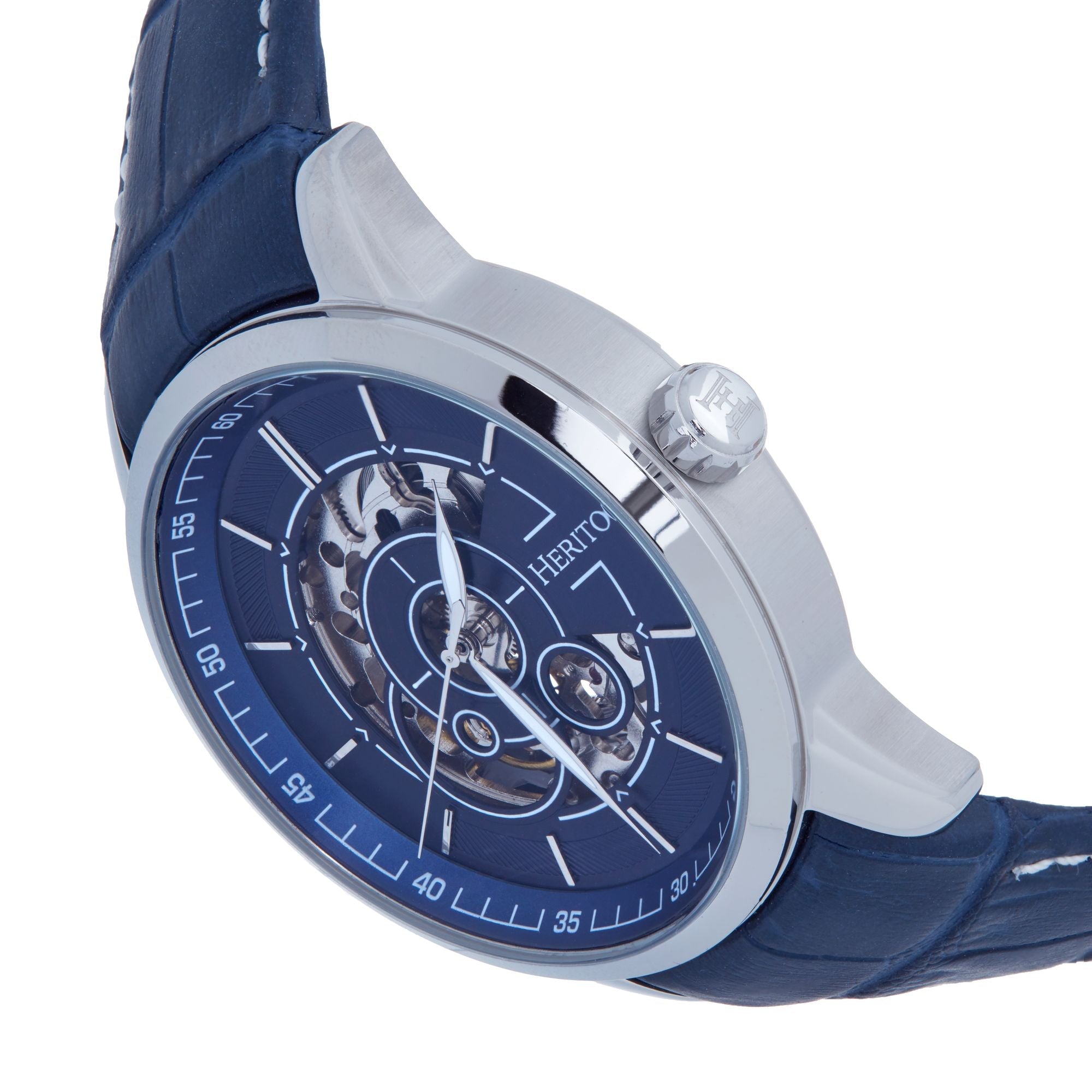 Heritor Automatic Davies Semi-Skeleton Leather-Band Watch - Silver/Navy - HERHS2503