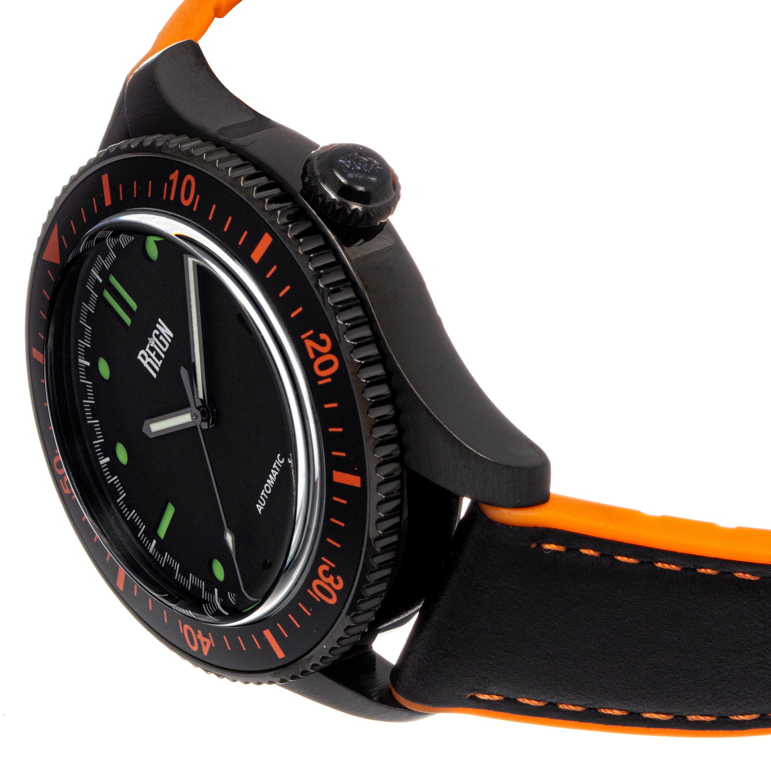 Reign Elijah Automatic Rubber Inlaid Leather-Band Watch W/Date - Black/Orange  - REIRN6505