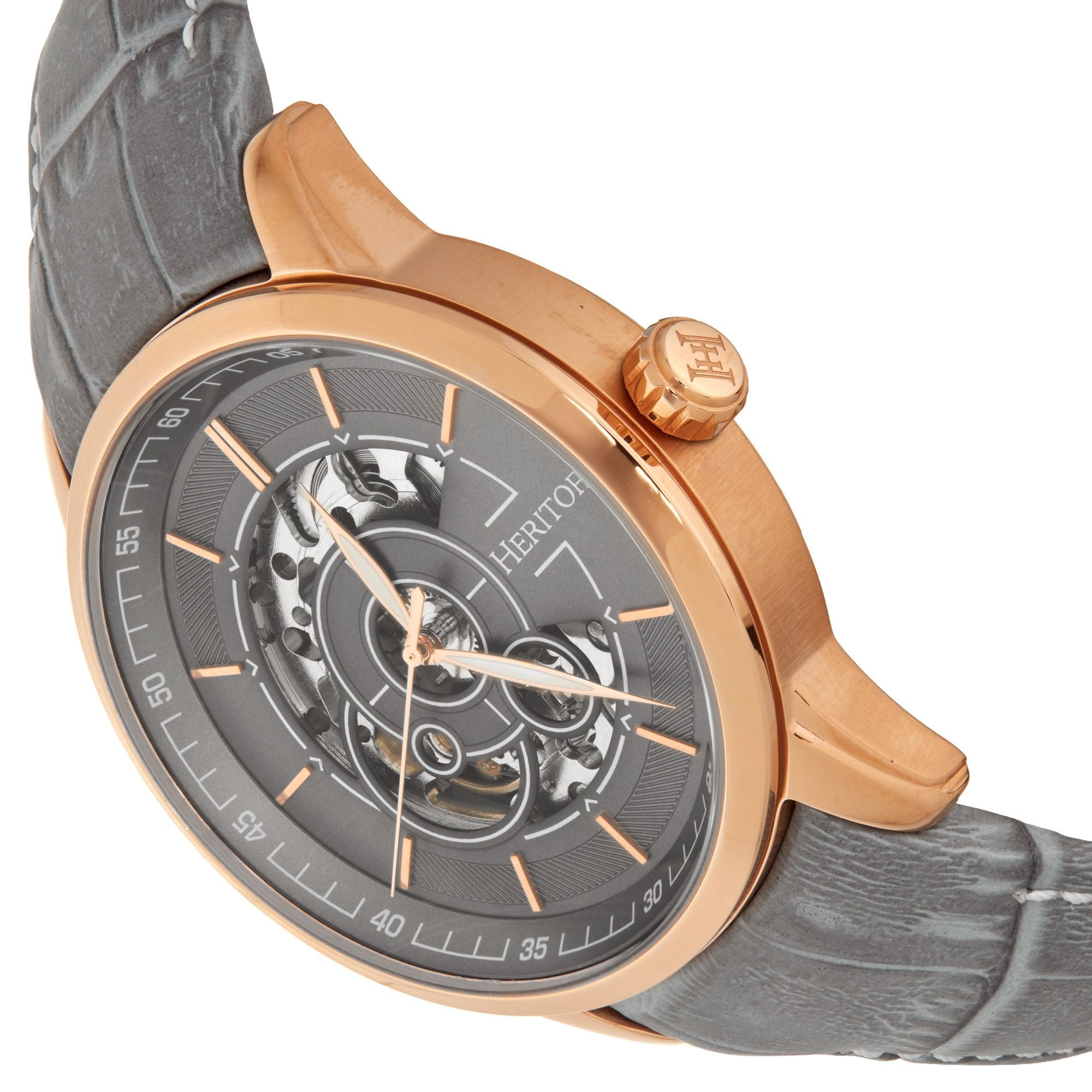 Heritor Automatic Davies Semi-Skeleton Leather-Band Watch - Rose Gold/Gray - HERHS2505