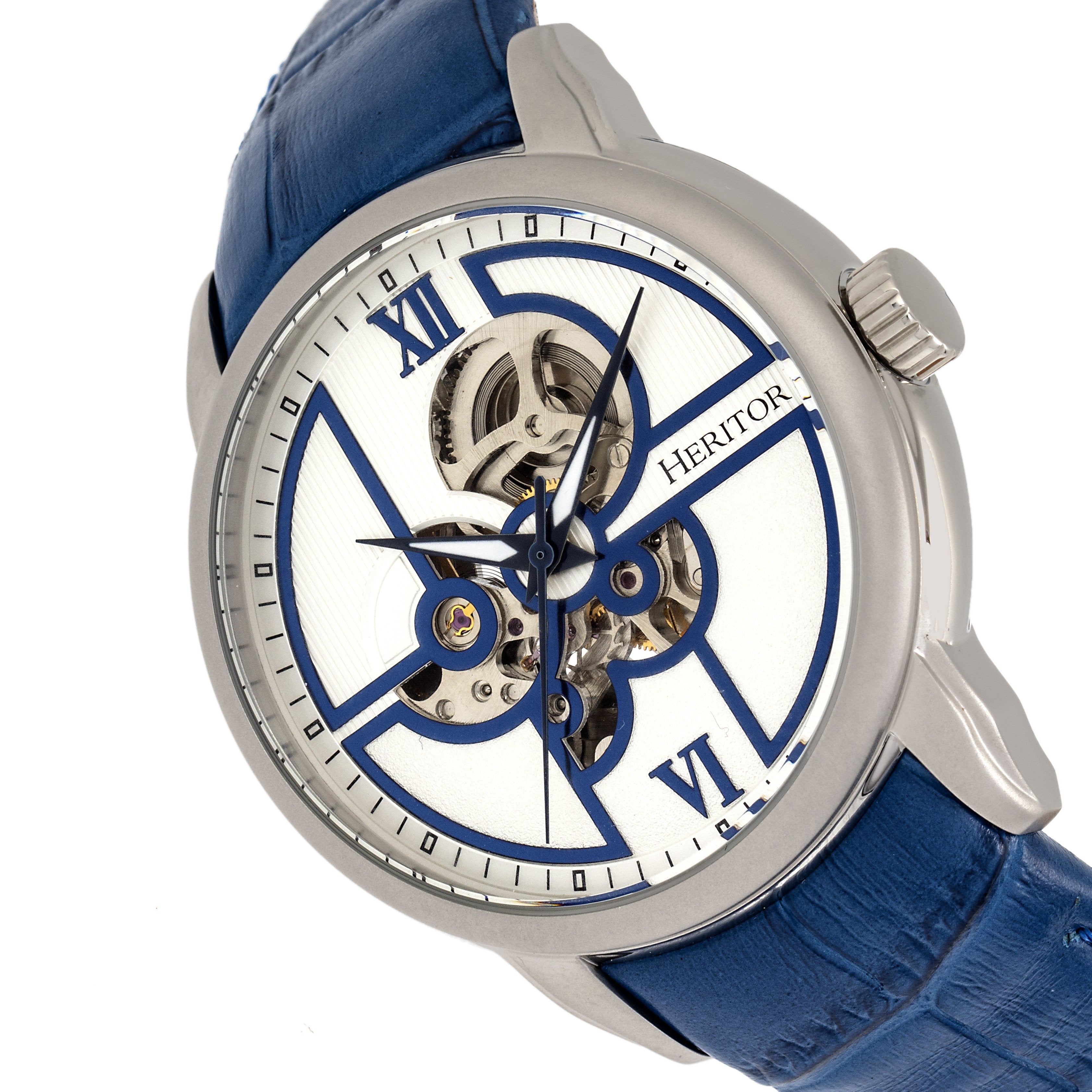 Heritor Automatic Sanford Semi-Skeleton Leather-Band Watch - Silver/Blue - HERHR8301