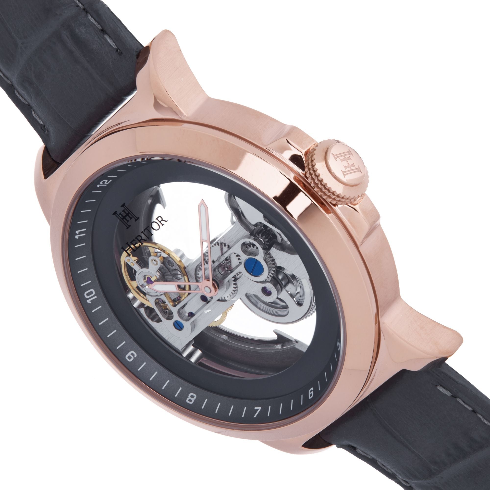 Heritor Automatic Xander Semi-Skeleton Leather-Band Watch - Rose Gold/Gray - HERHS2404