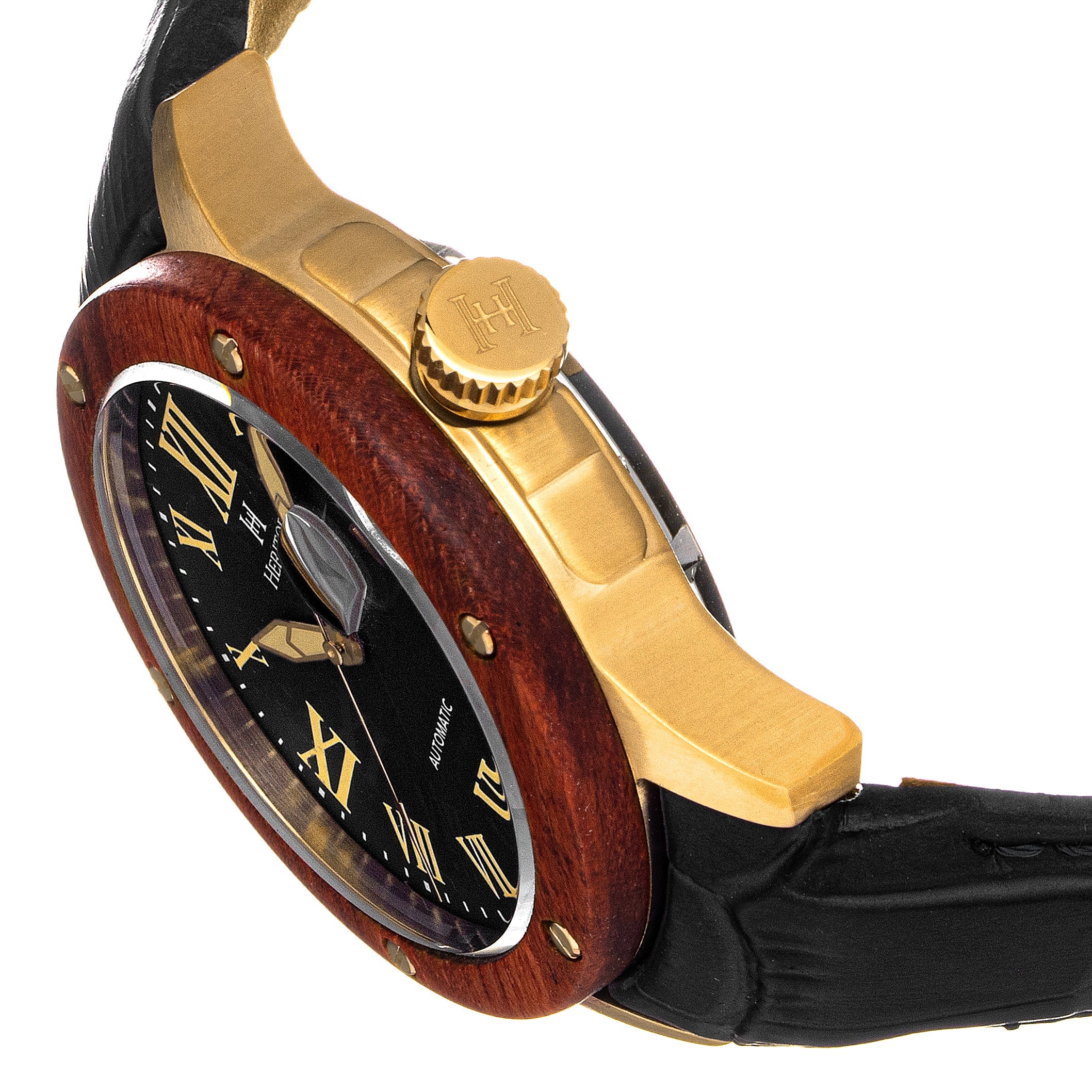 Heritor Automatic Everest Wooden Bezel Leather Band Watch /Date  - Gold/Black - HERHS1603