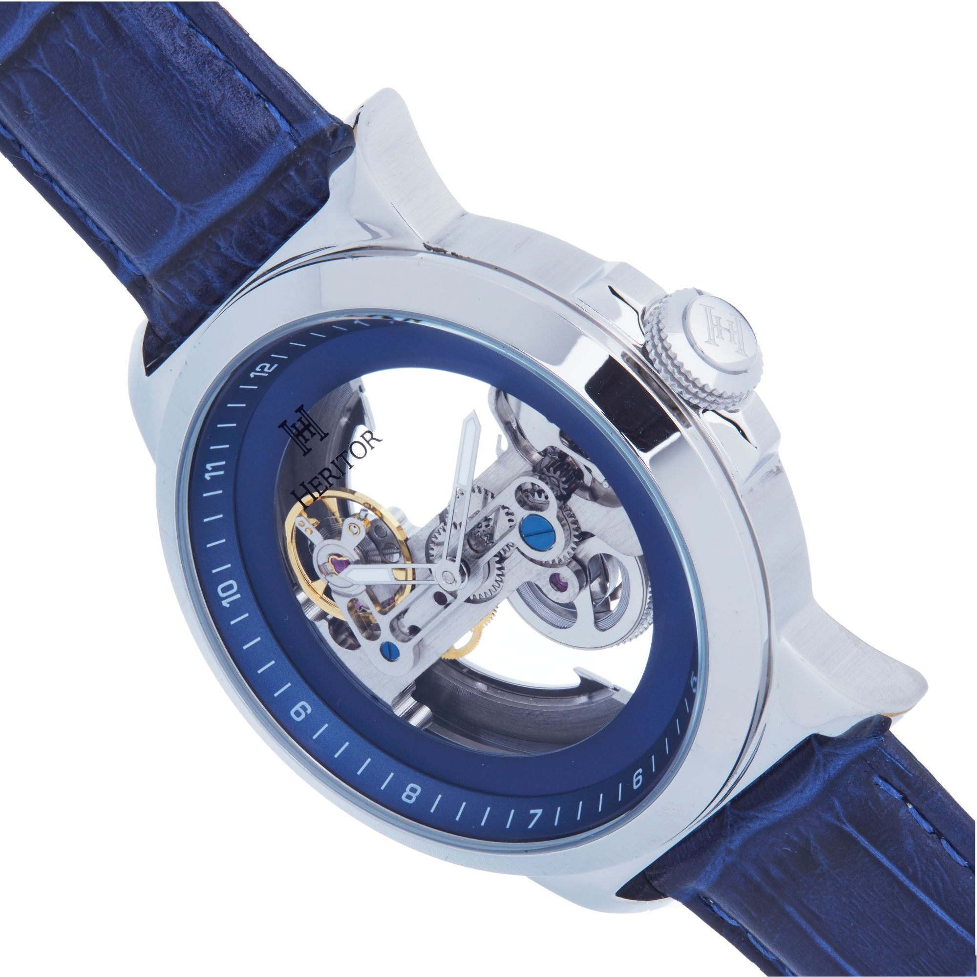 Heritor Automatic Xander Semi-Skeleton Leather-Band Watch - Silver/Blue - HERHS2402