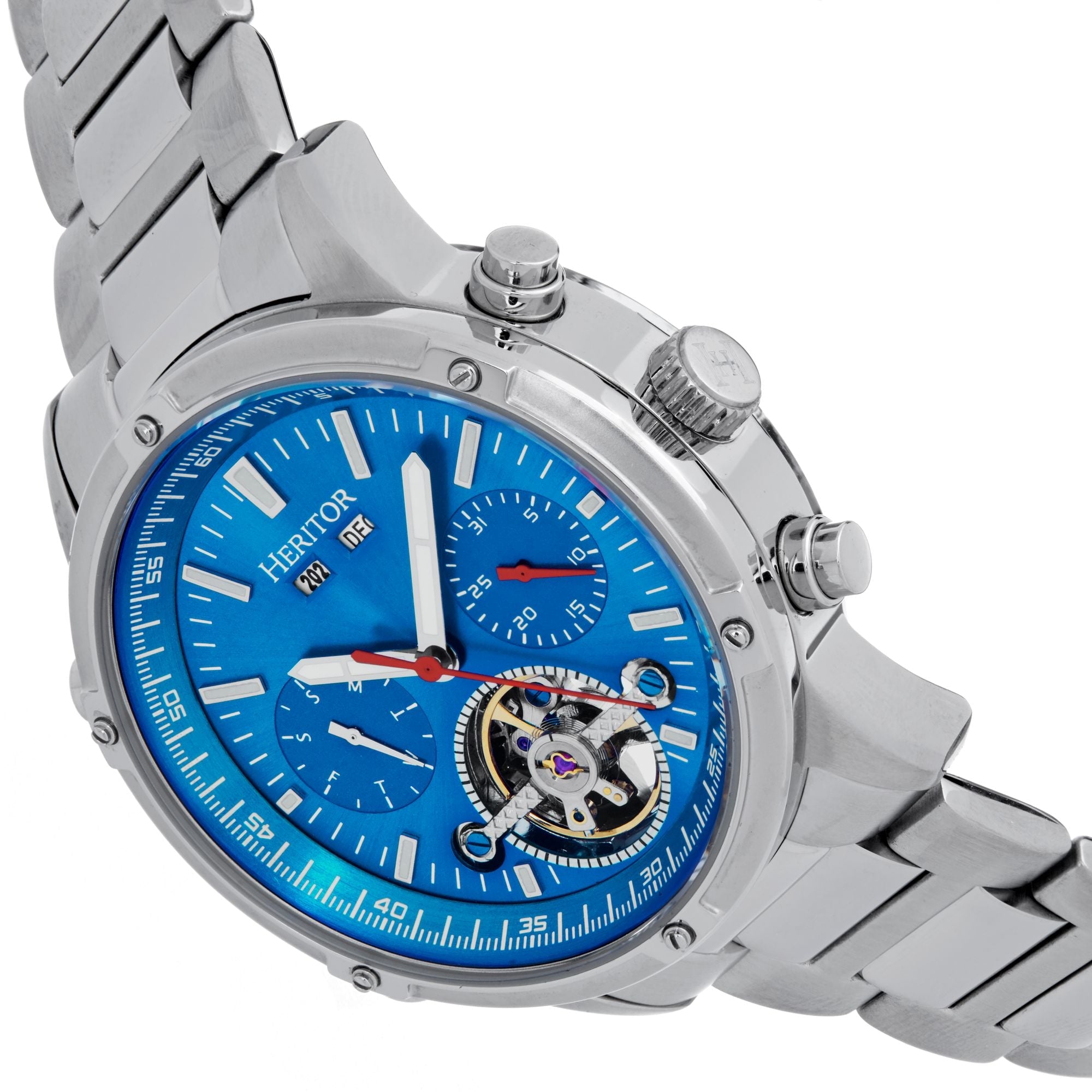 Heritor Automatic Wilhelm Semi-Skeleton Bracelet Watch w/Day/Date - Silver/Blue - HERHS2103