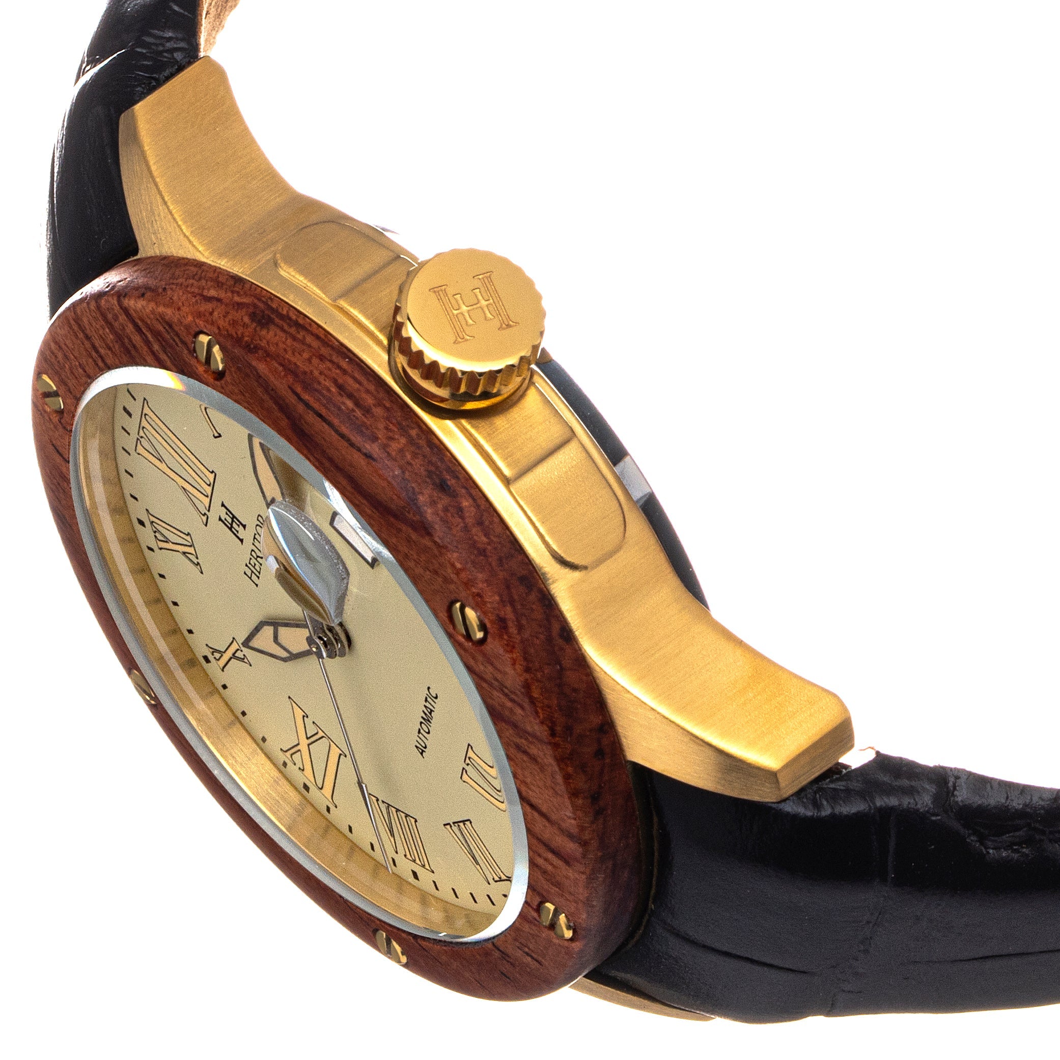 Heritor Automatic Everest Wooden Bezel Leather Band Watch /Date  - Gold/Cream - HERHS1602