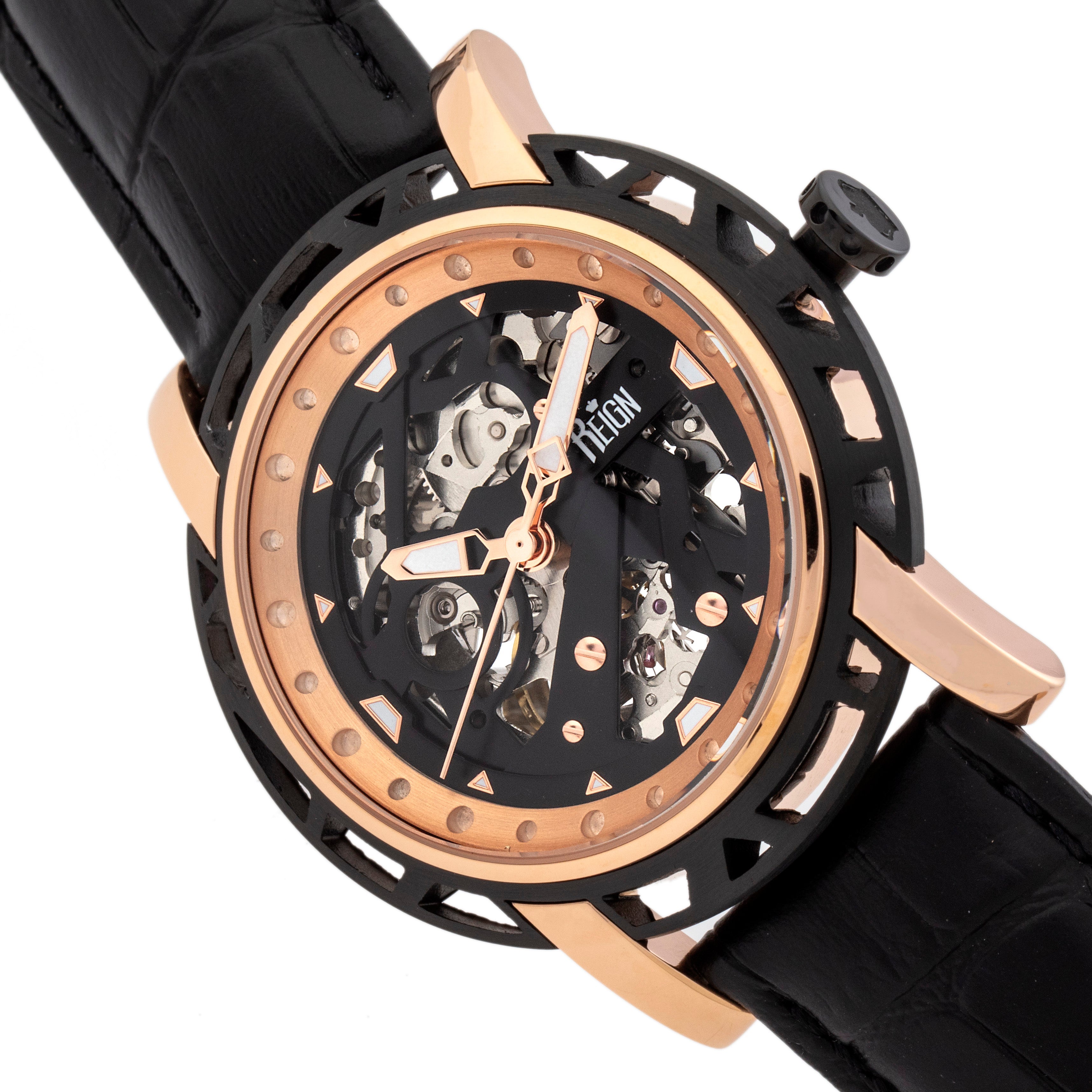 Reign Stavros Automatic Skeleton Leather-Band Watch - Rose Gold/Black - REIRN3706