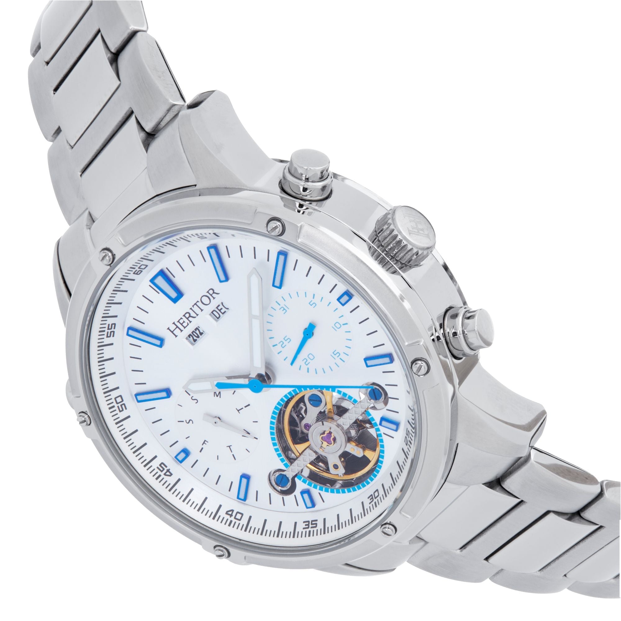 Heritor Automatic Wilhelm Semi-Skeleton Bracelet Watch w/Day/Date - Silver - HERHS2101