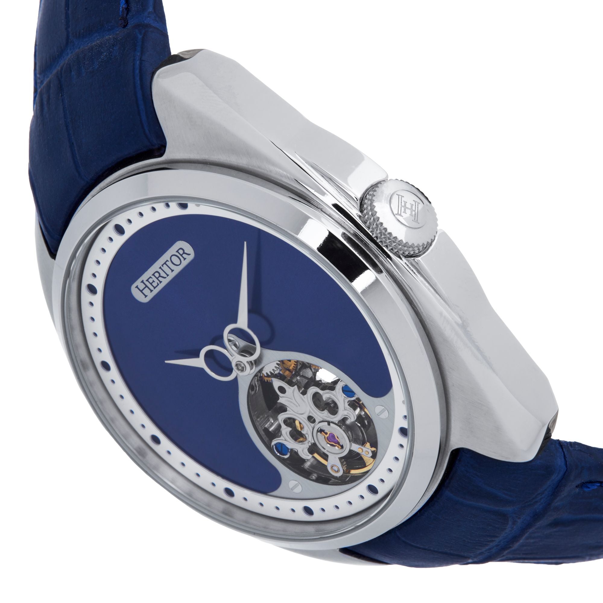 Heritor Automatic Roman Semi-Skeleton Leather-Band Watch - Silver/Navy - HERHS2202