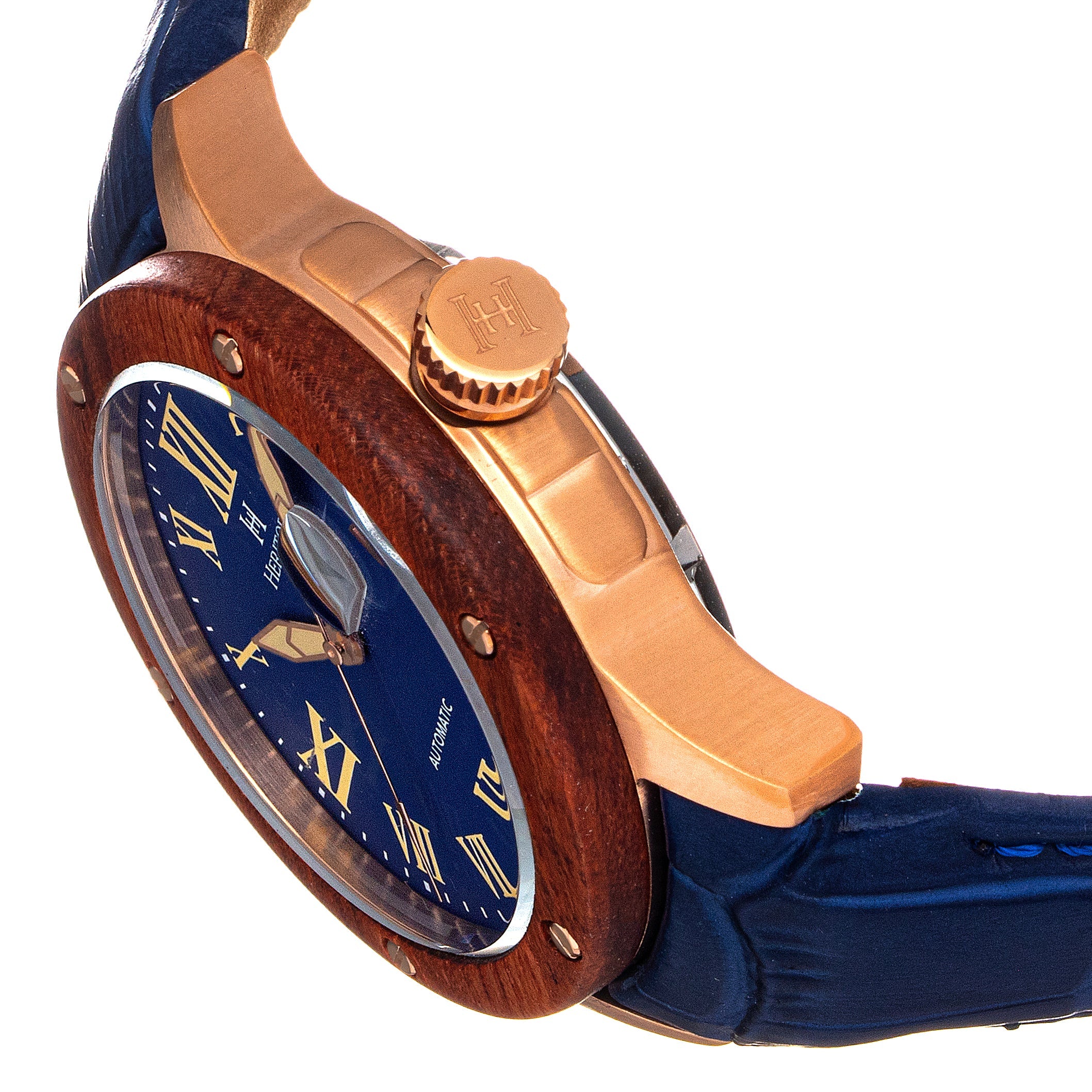 Heritor Automatic Everest Wooden Bezel Leather Band Watch /Date  - Rose Gold/Blue - HERHS1604