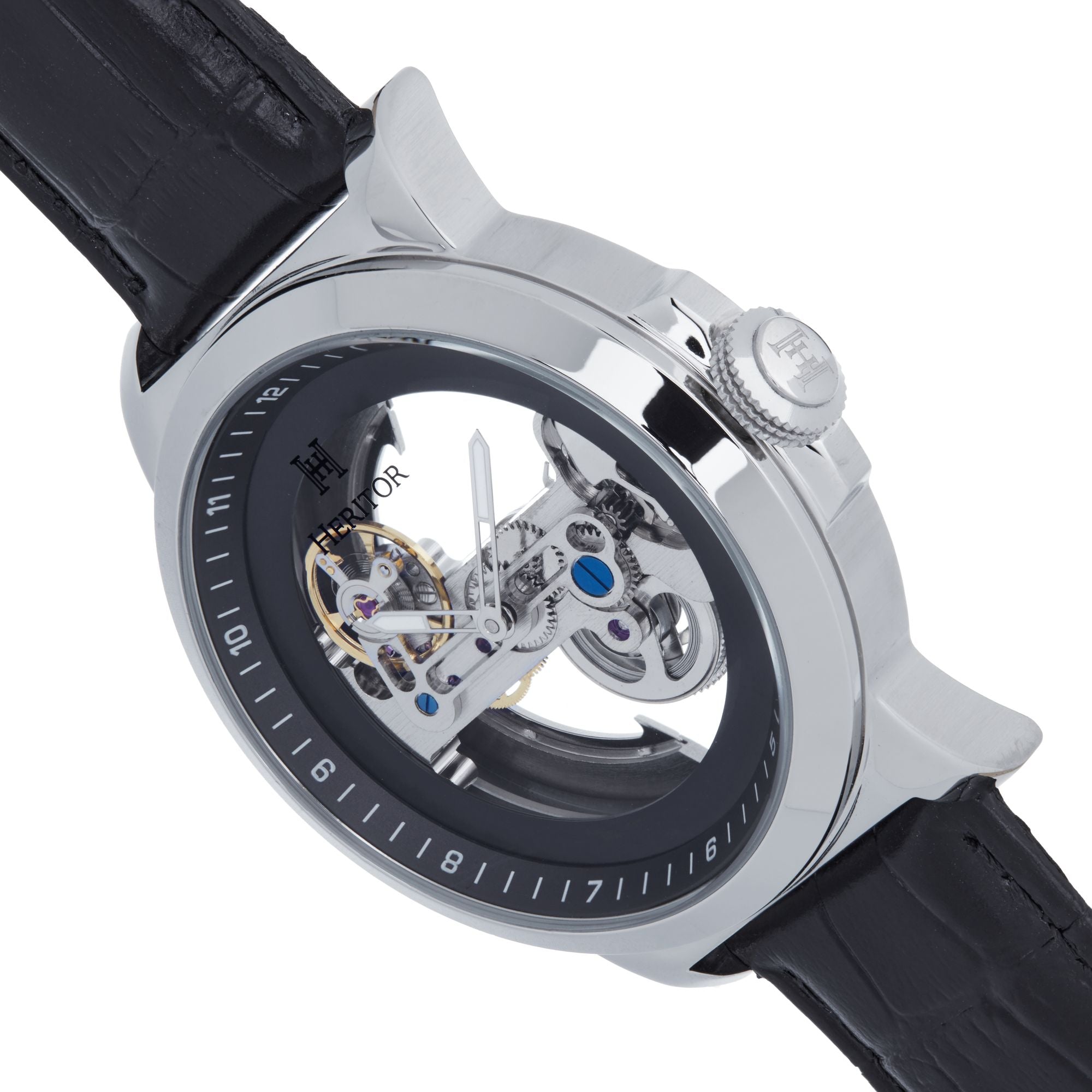 Heritor Automatic Xander Semi-Skeleton Leather-Band Watch - Silver/Black - HERHS2401