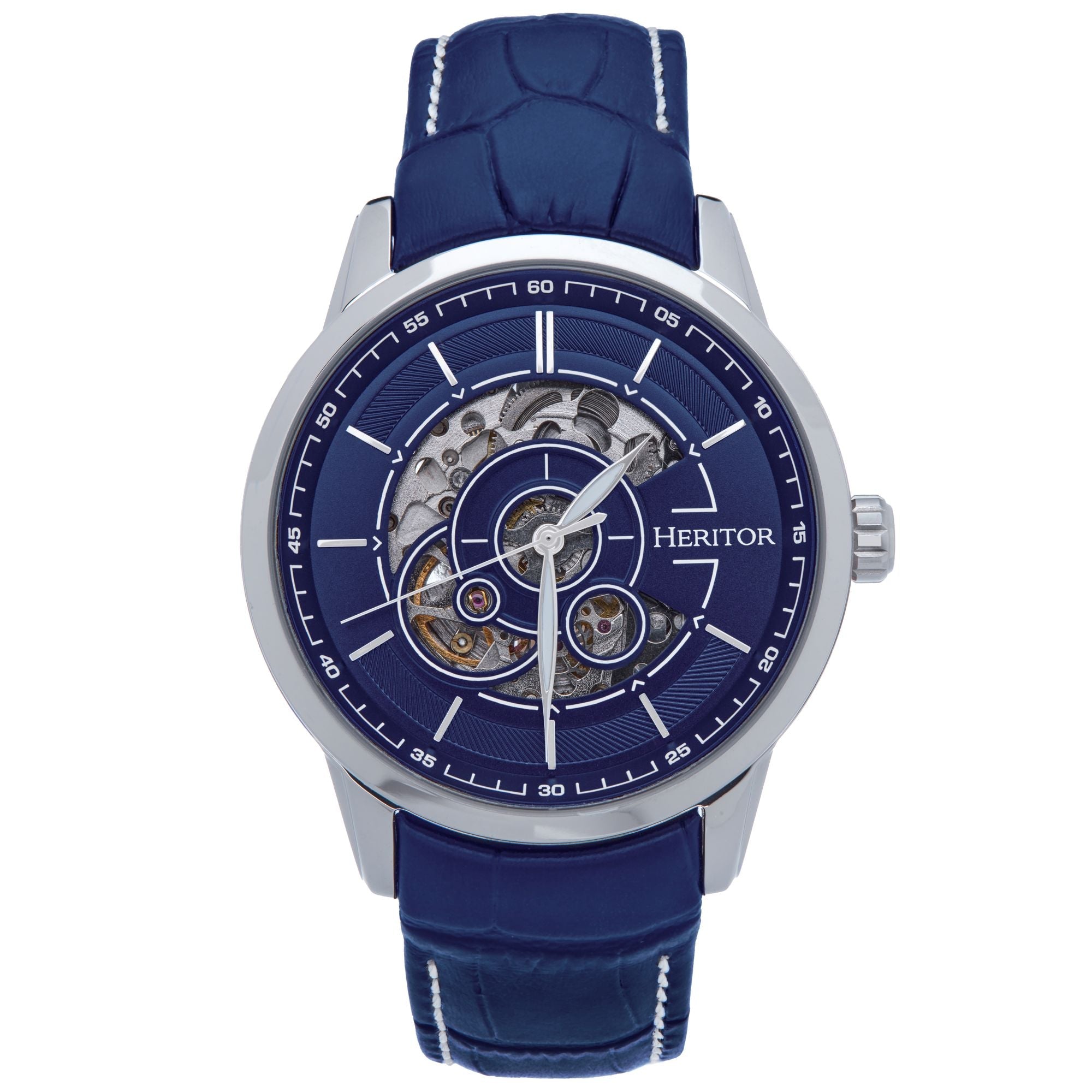 Heritor Automatic Davies Semi-Skeleton Leather-Band Watch - Silver/Navy - HERHS2503