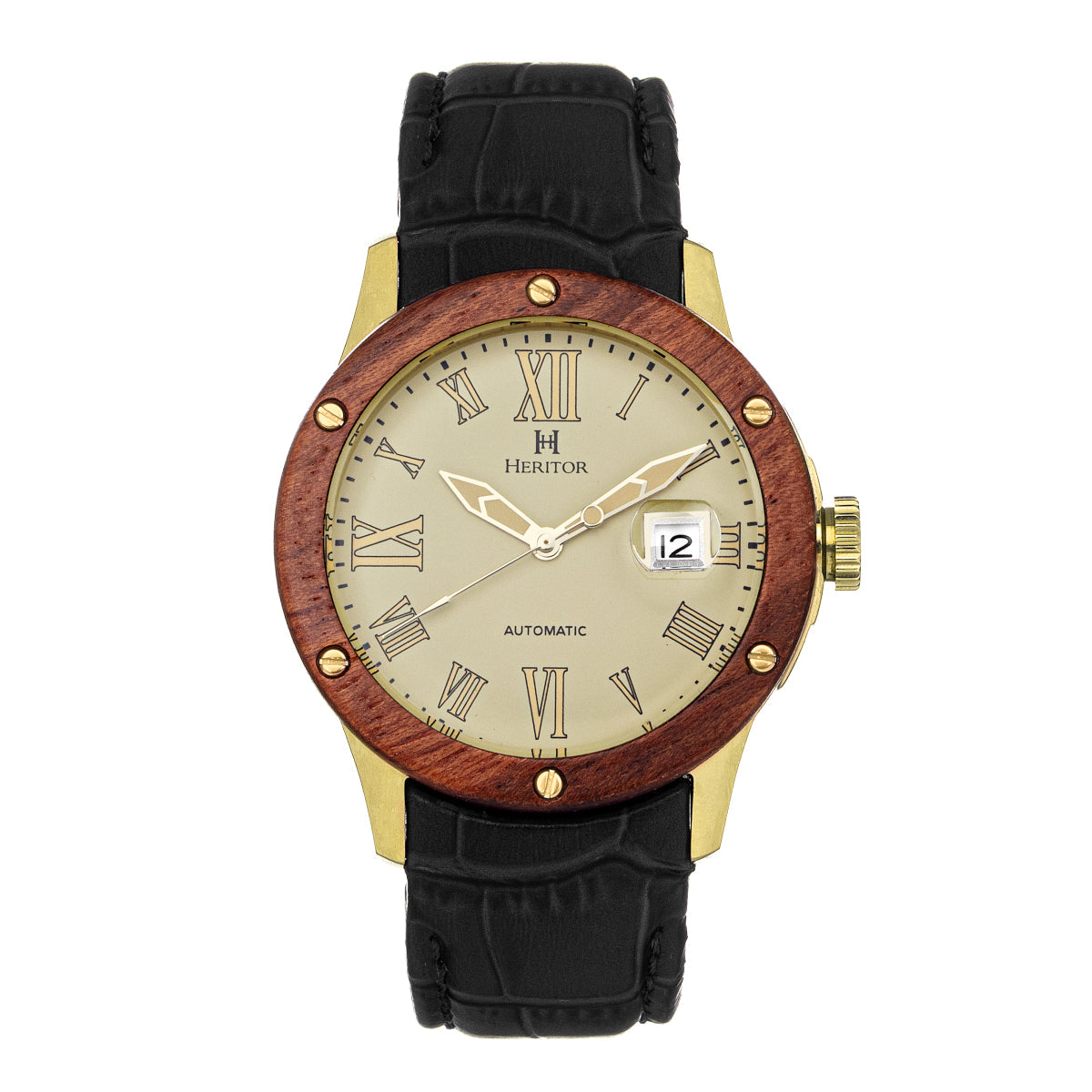 Heritor Automatic Everest Wooden Bezel Leather Band Watch /Date