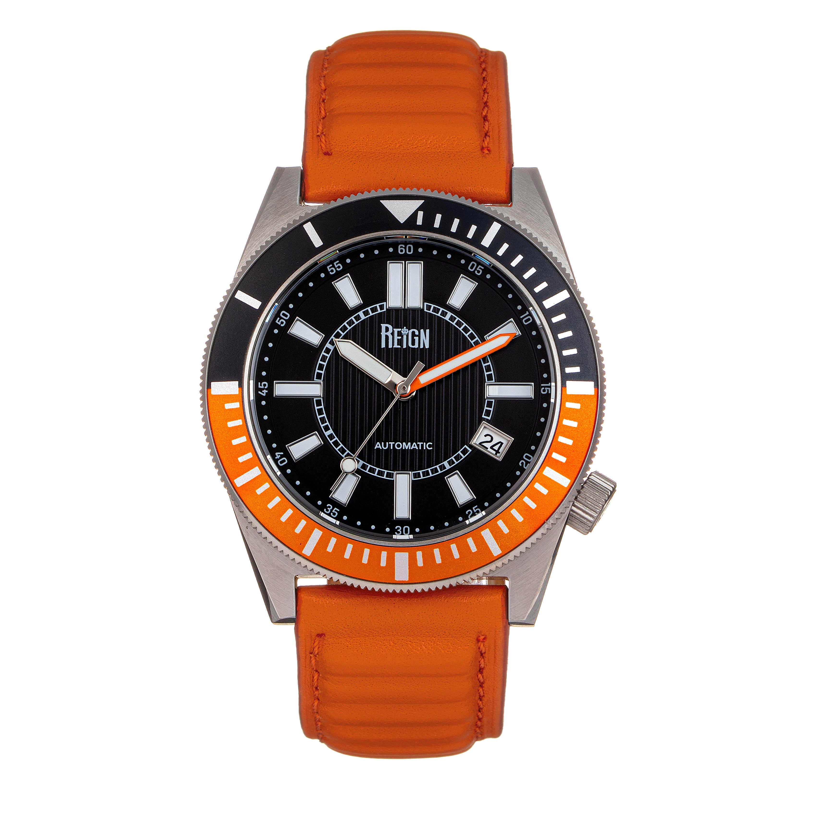 Reign Francis Leather-Band Watch w/Date - Black/Orange - REIRN6305