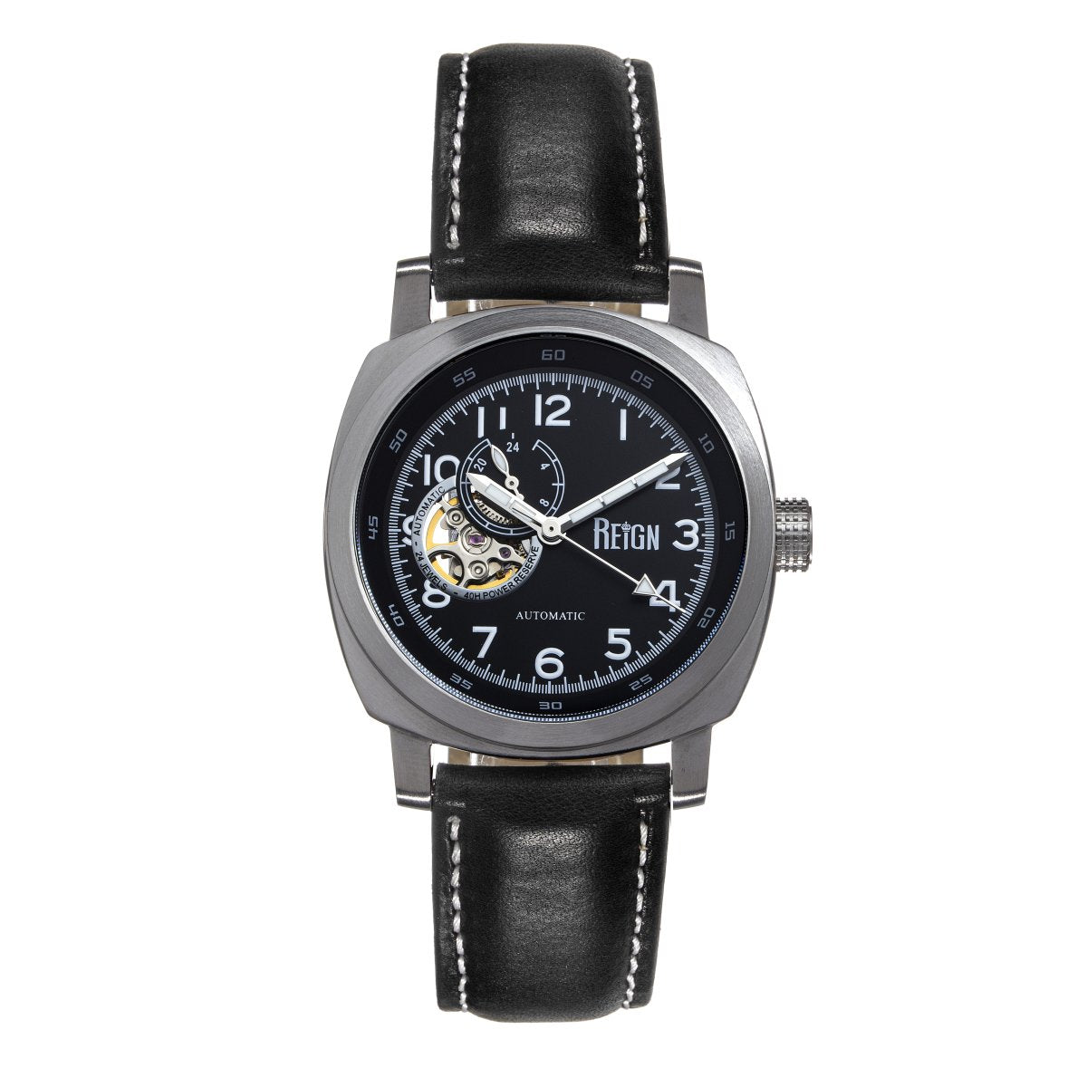 Reign Impaler Semi-Skeleton Leather-Band Watch -  White/Black - REIRN6102