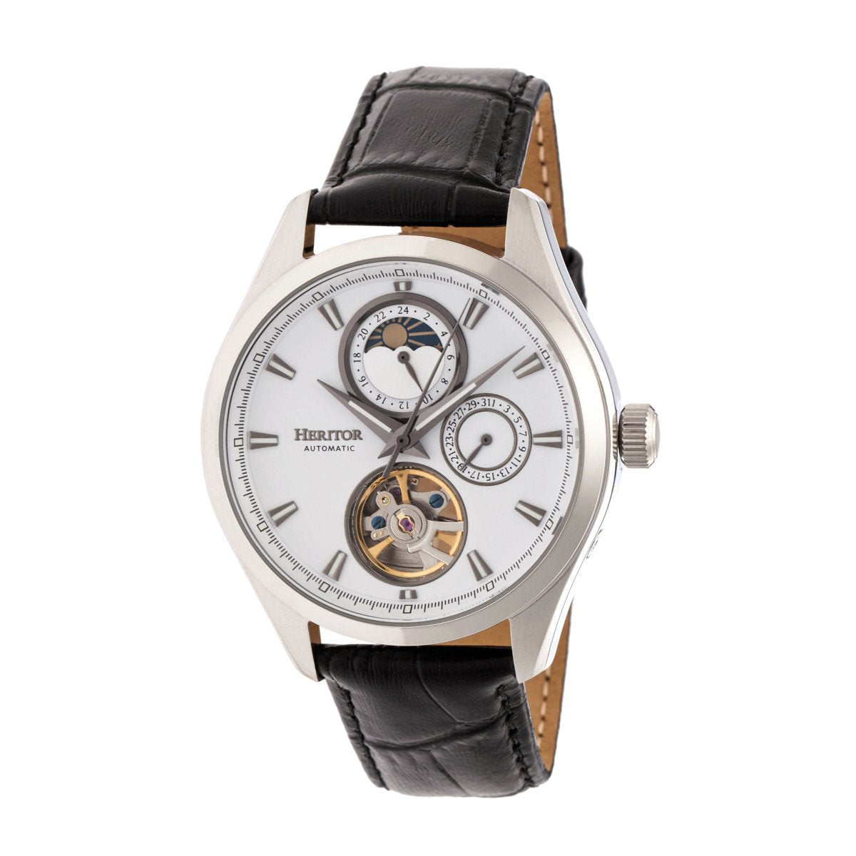 Heritor Automatic Sebastian Semi-Skeleton Leather-Band Watch  - Silver - HERHR6901