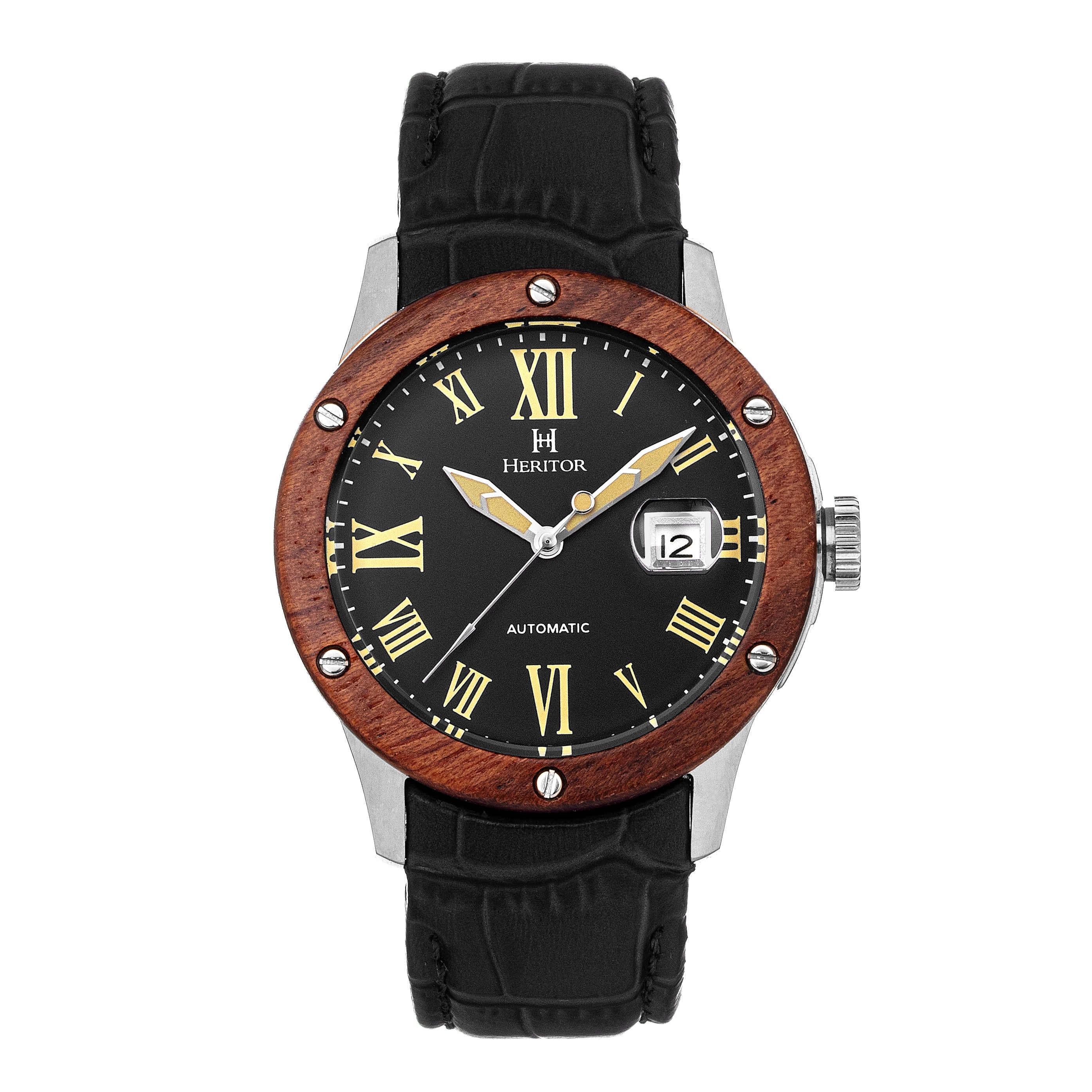 Heritor Automatic Everest Wooden Bezel Leather Band Watch /Date  - Silver/Black - HERHS1601