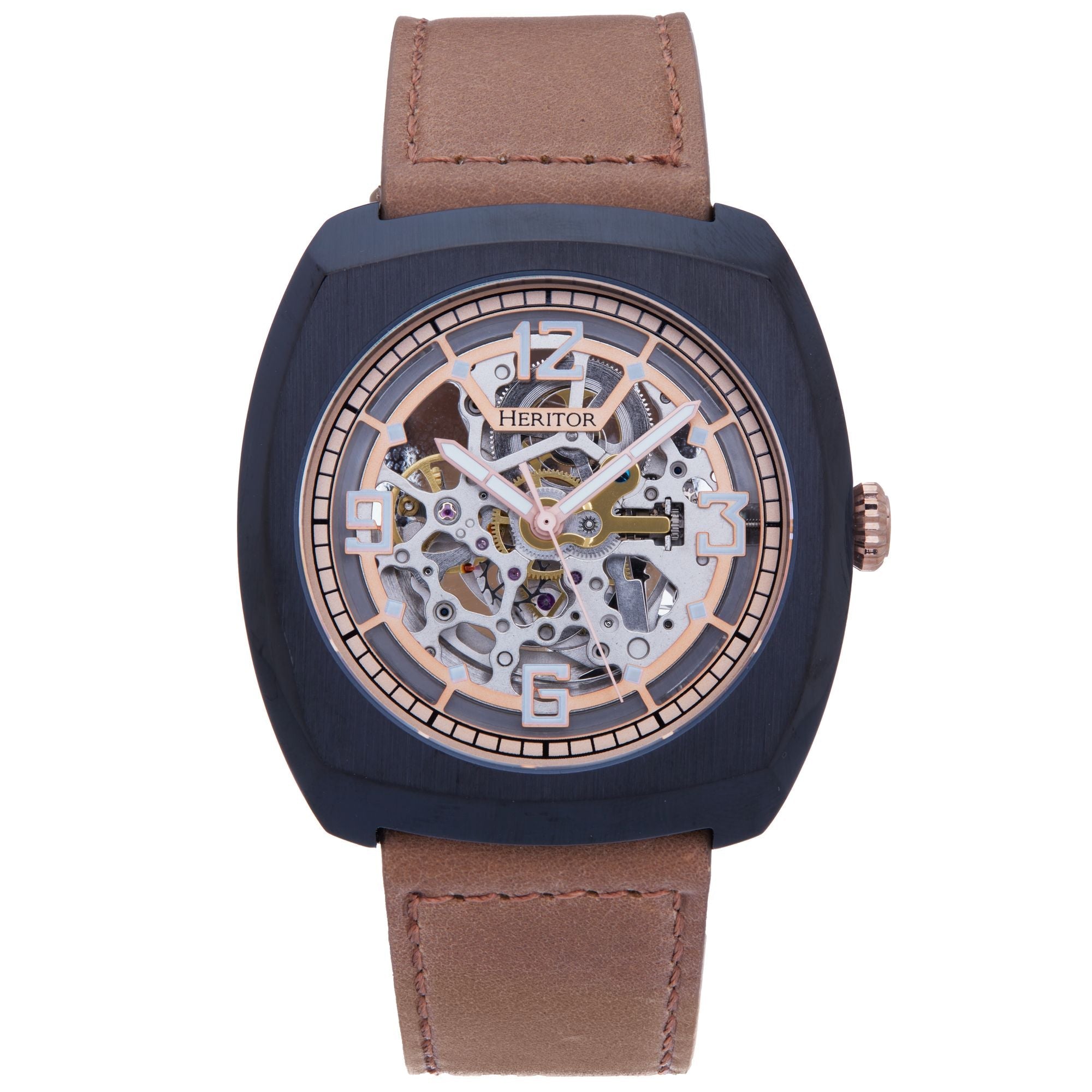 Heritor Automatic Gatling Skeletonized Leather-Band Watch - Black/Light Brown - HERHS2306