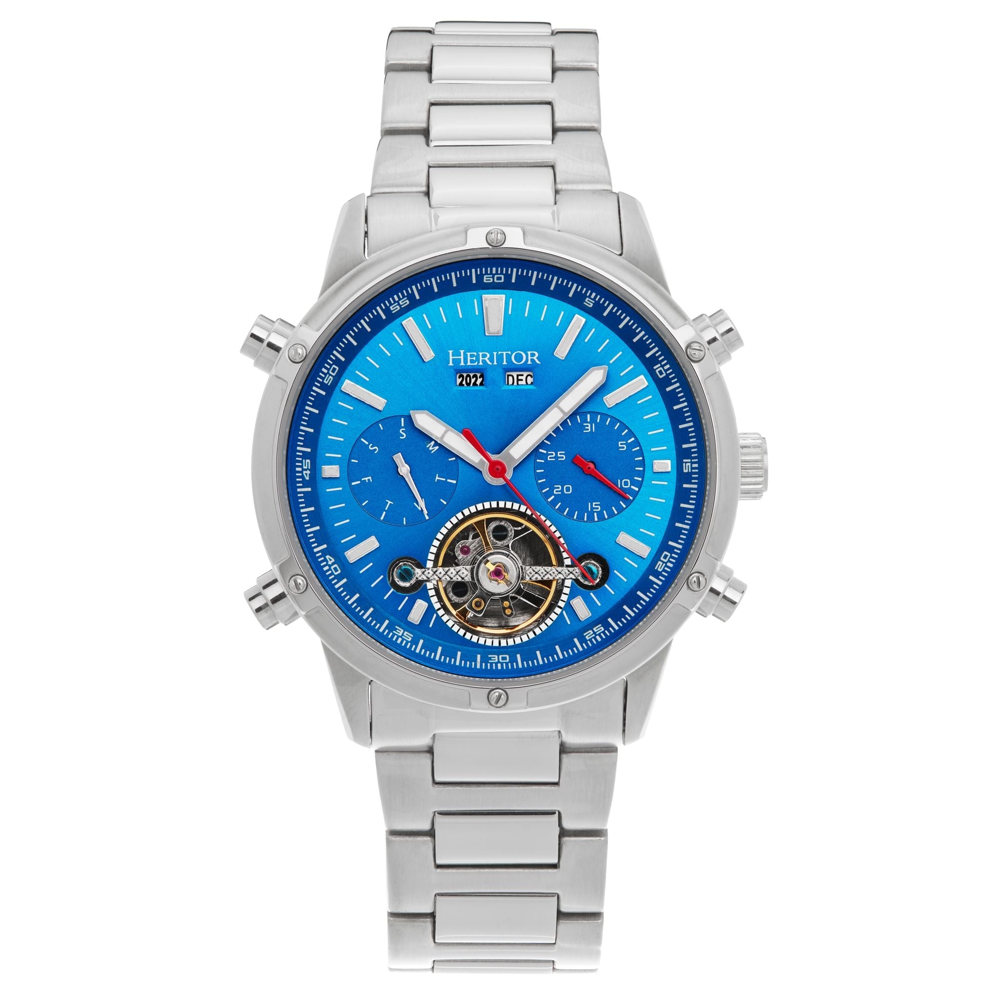 Heritor Automatic Wilhelm Semi-Skeleton Bracelet Watch w/Day/Date - Silver/Blue - HERHS2103