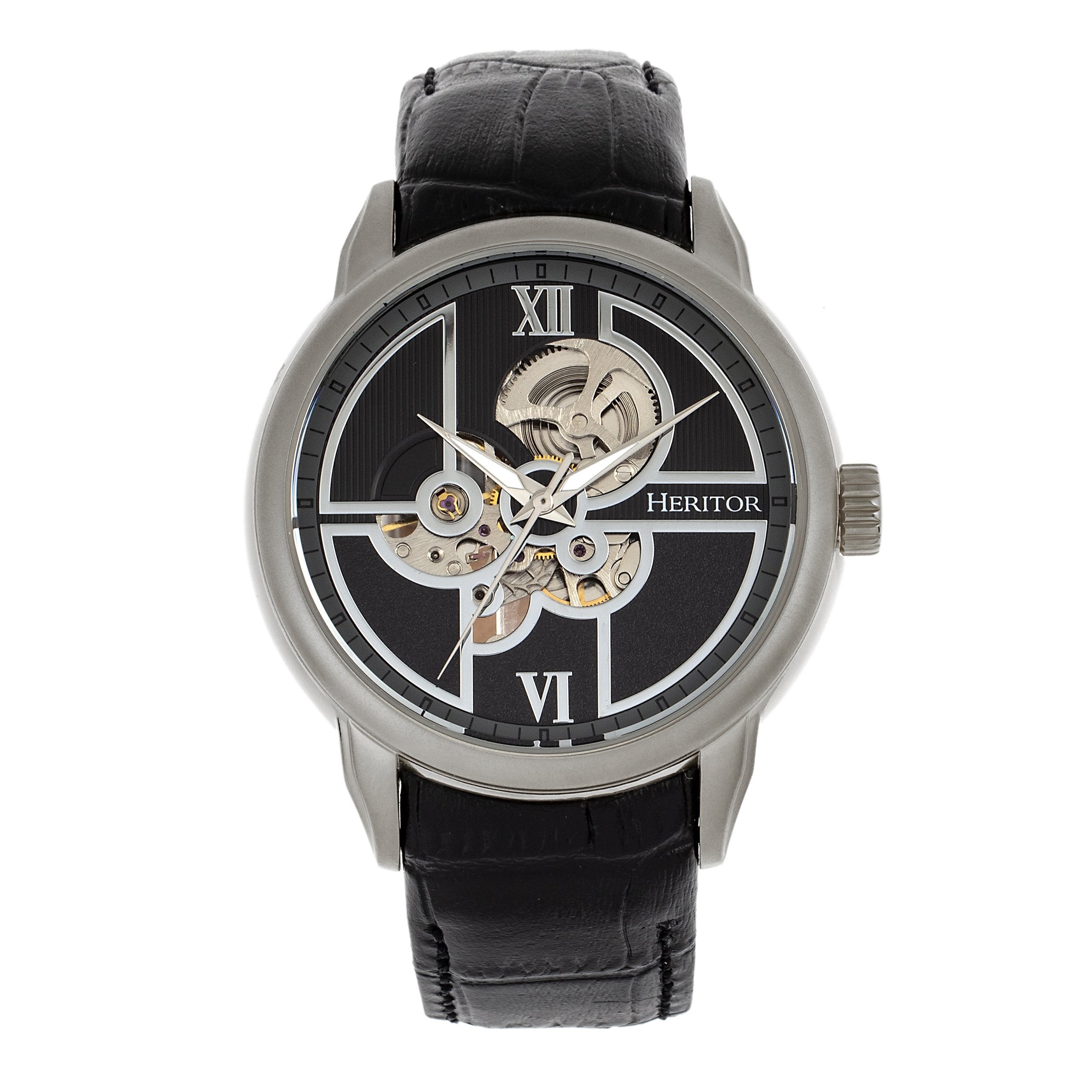 Heritor Automatic Sanford Semi-Skeleton Leather-Band Watch - Silver/Black - HERHR8302