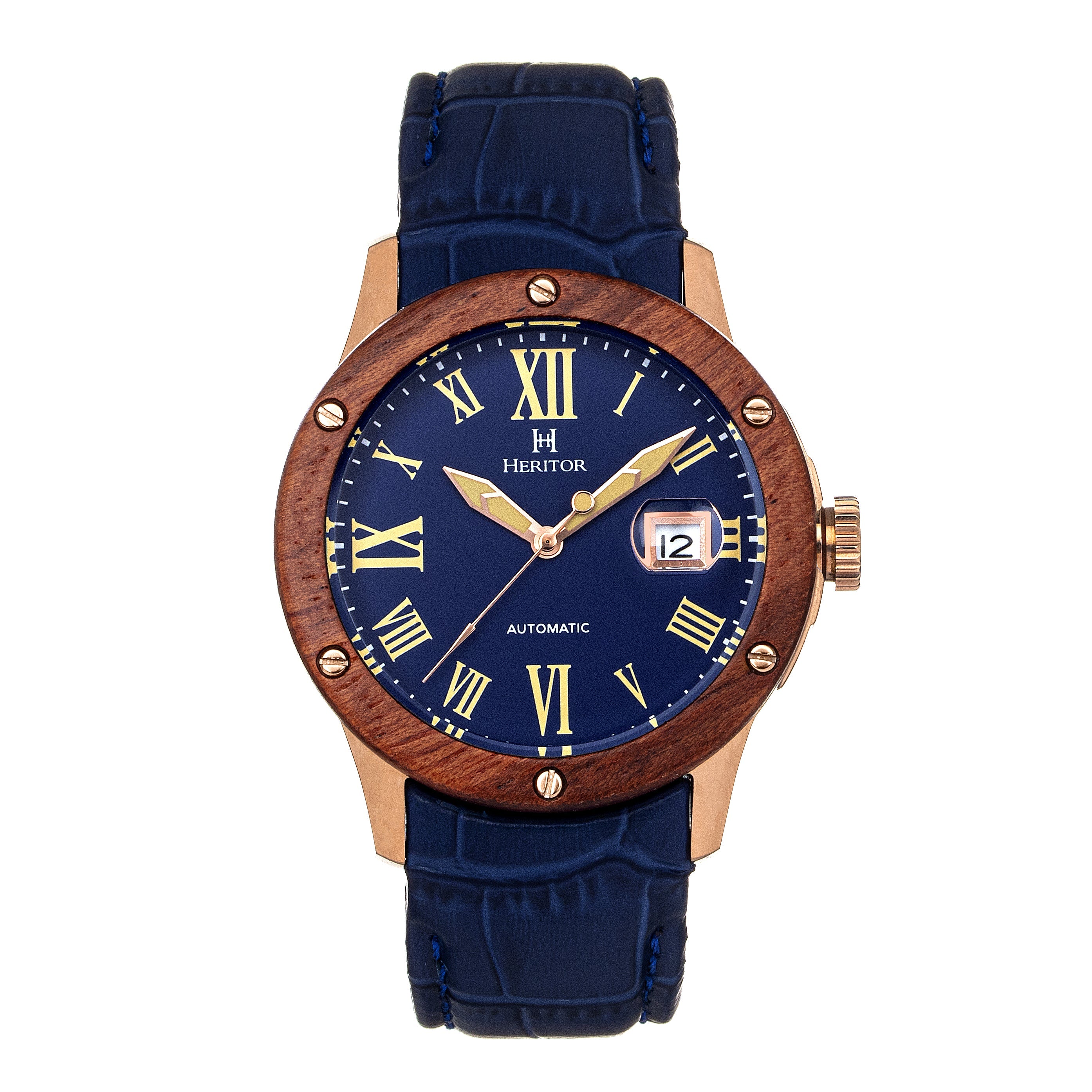 Heritor Automatic Everest Wooden Bezel Leather Band Watch /Date  - Rose Gold/Blue - HERHS1604