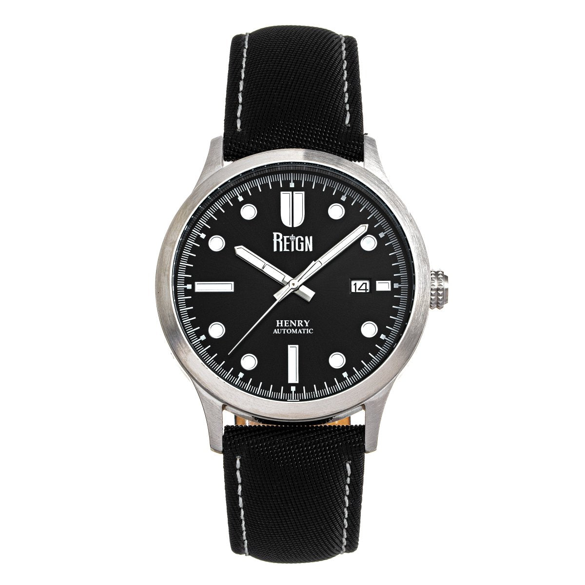 Reign Henry Automatic Canvas-Overlaid Leather-Band Watch w/Date - Black - REIRN6202