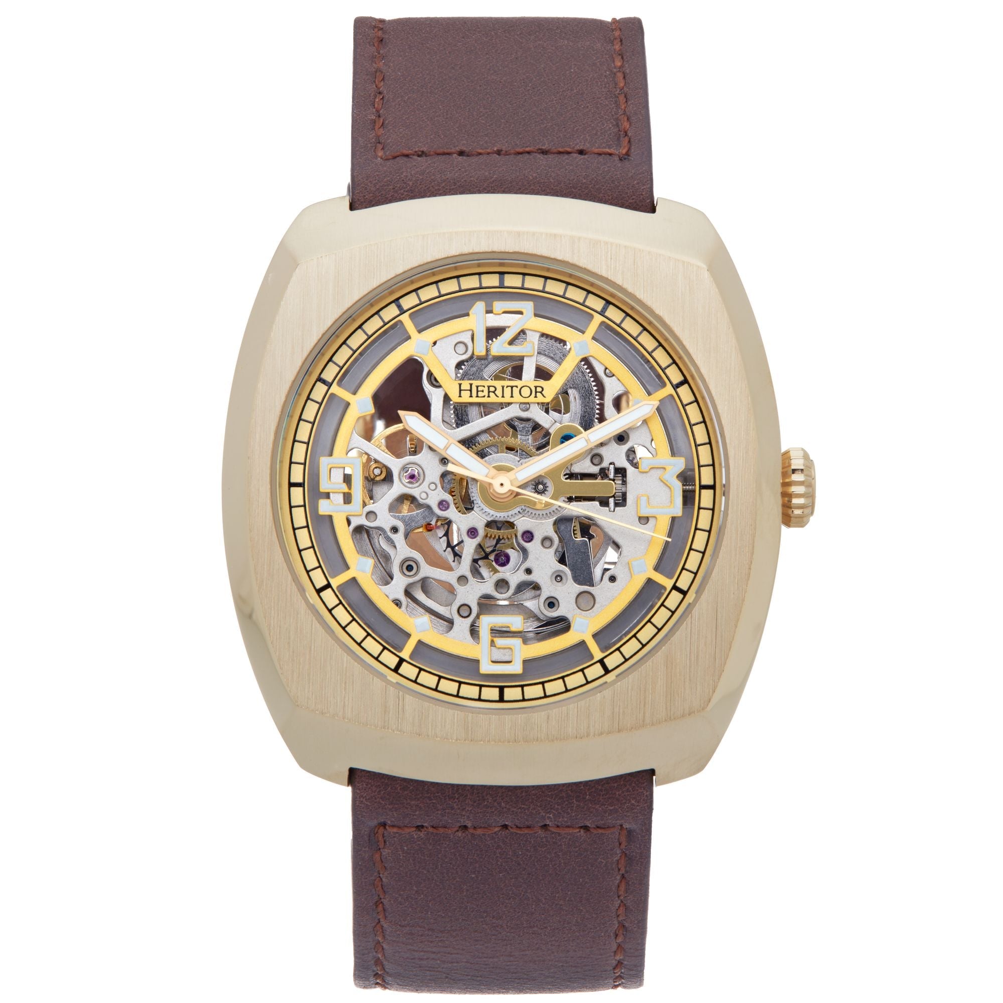 Heritor Automatic Gatling Skeletonized Leather-Band Watch - Gold/Brown - HERHS2303