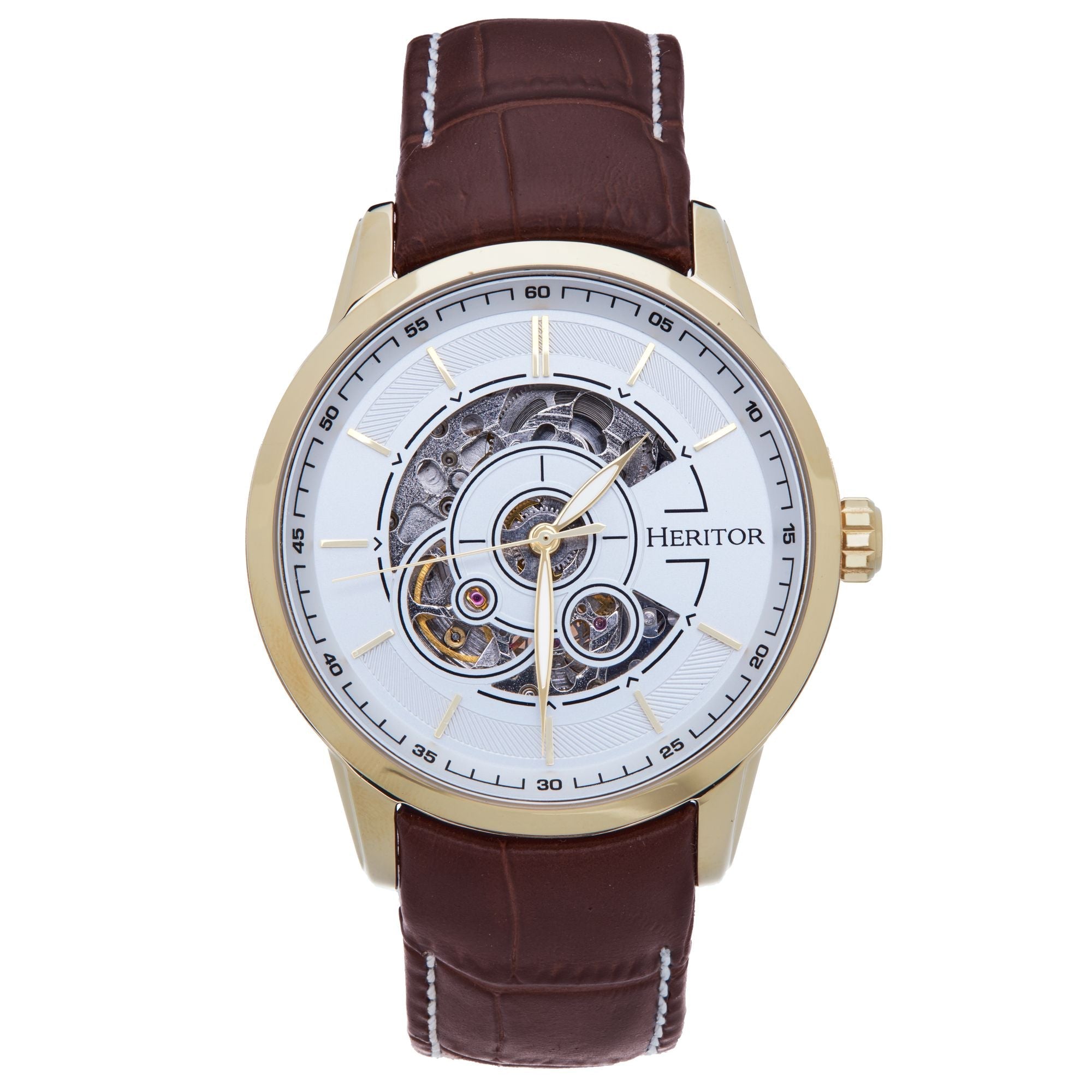 Heritor Automatic Davies Semi-Skeleton Leather-Band Watch - Gold/Brown - HERHS2504