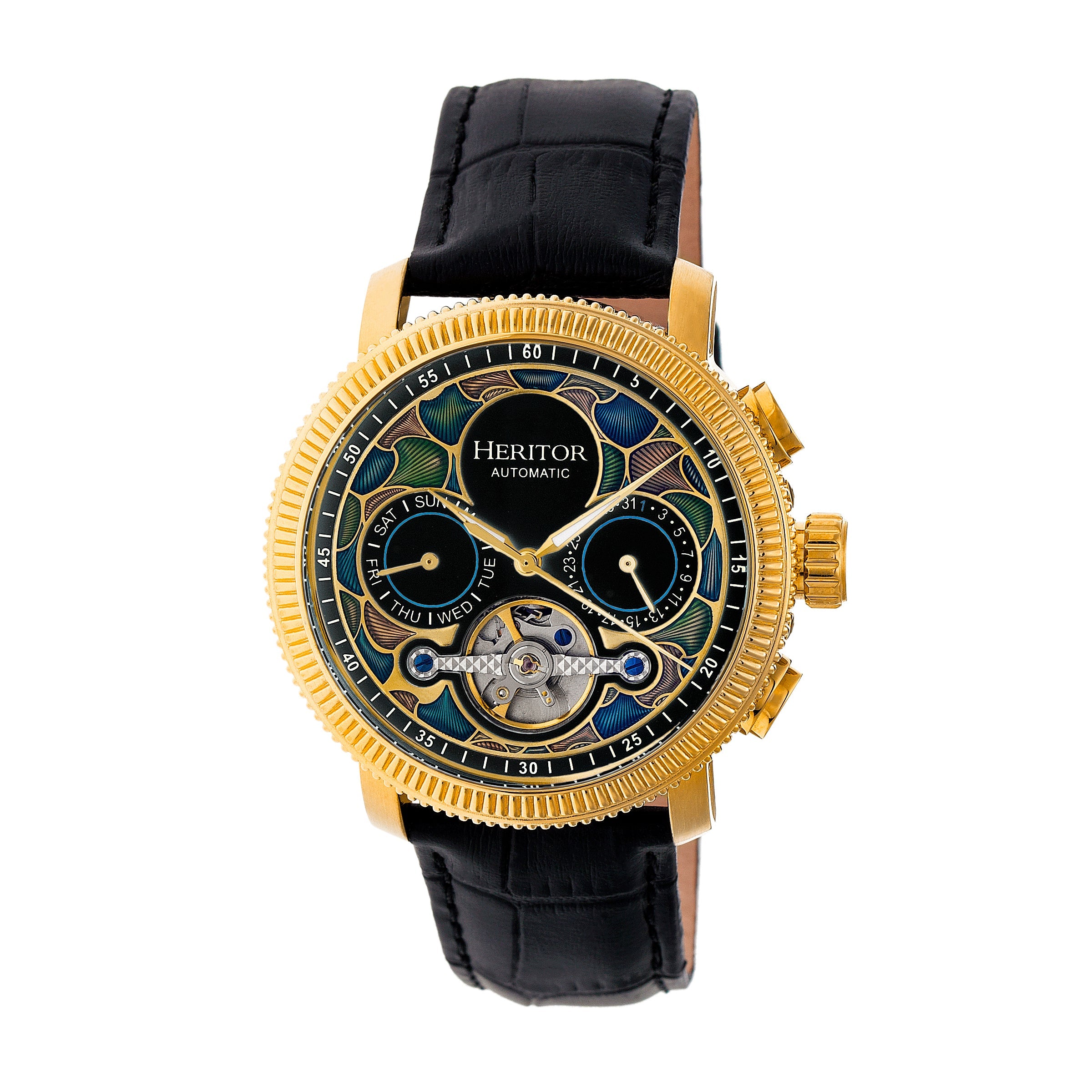 Heritor Automatic Aura Men's Semi-Skeleton Leather-Band Watch - Gold /Black - HERHR3502