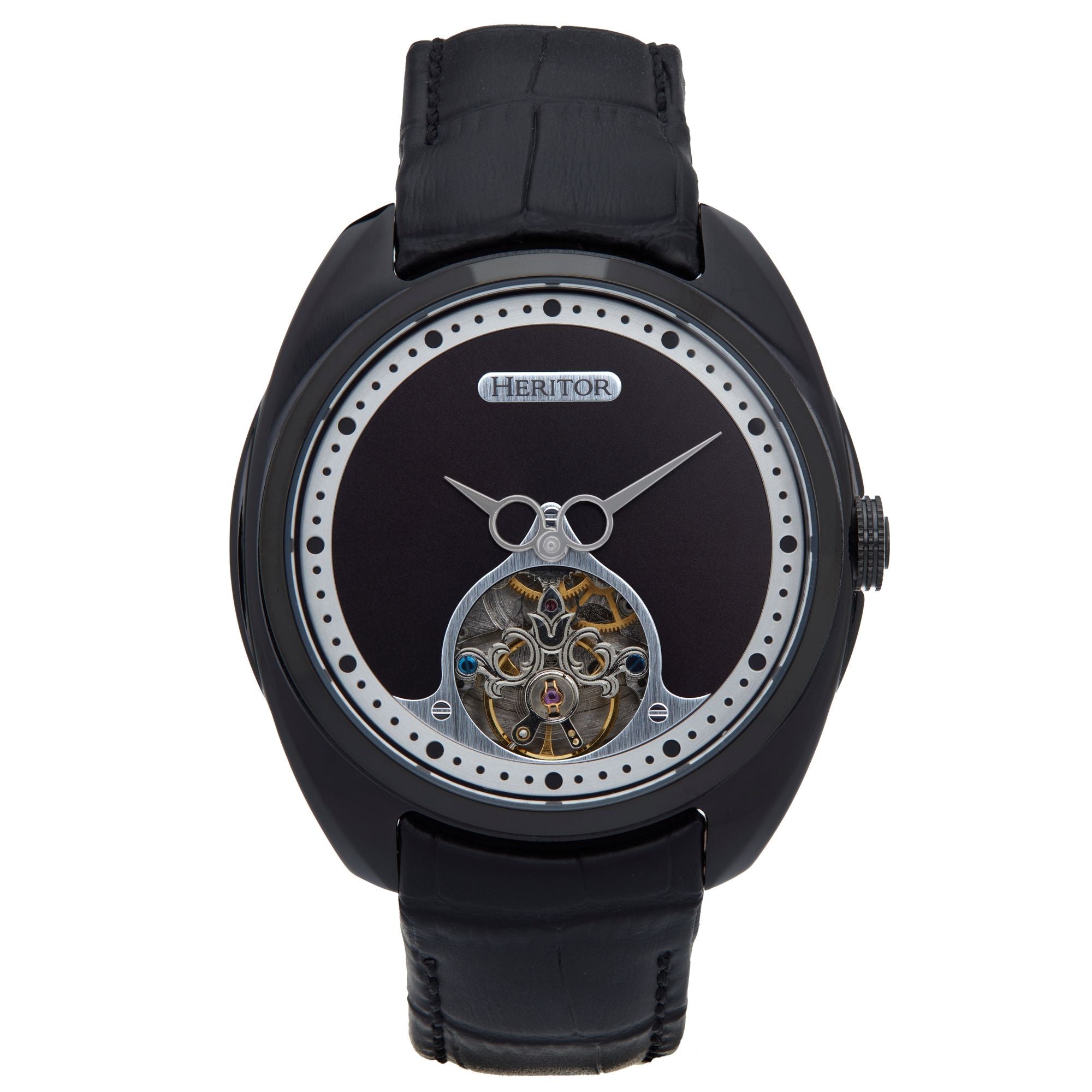 Heritor Automatic Roman Semi-Skeleton Leather-Band Watch - Black - HERHS2205