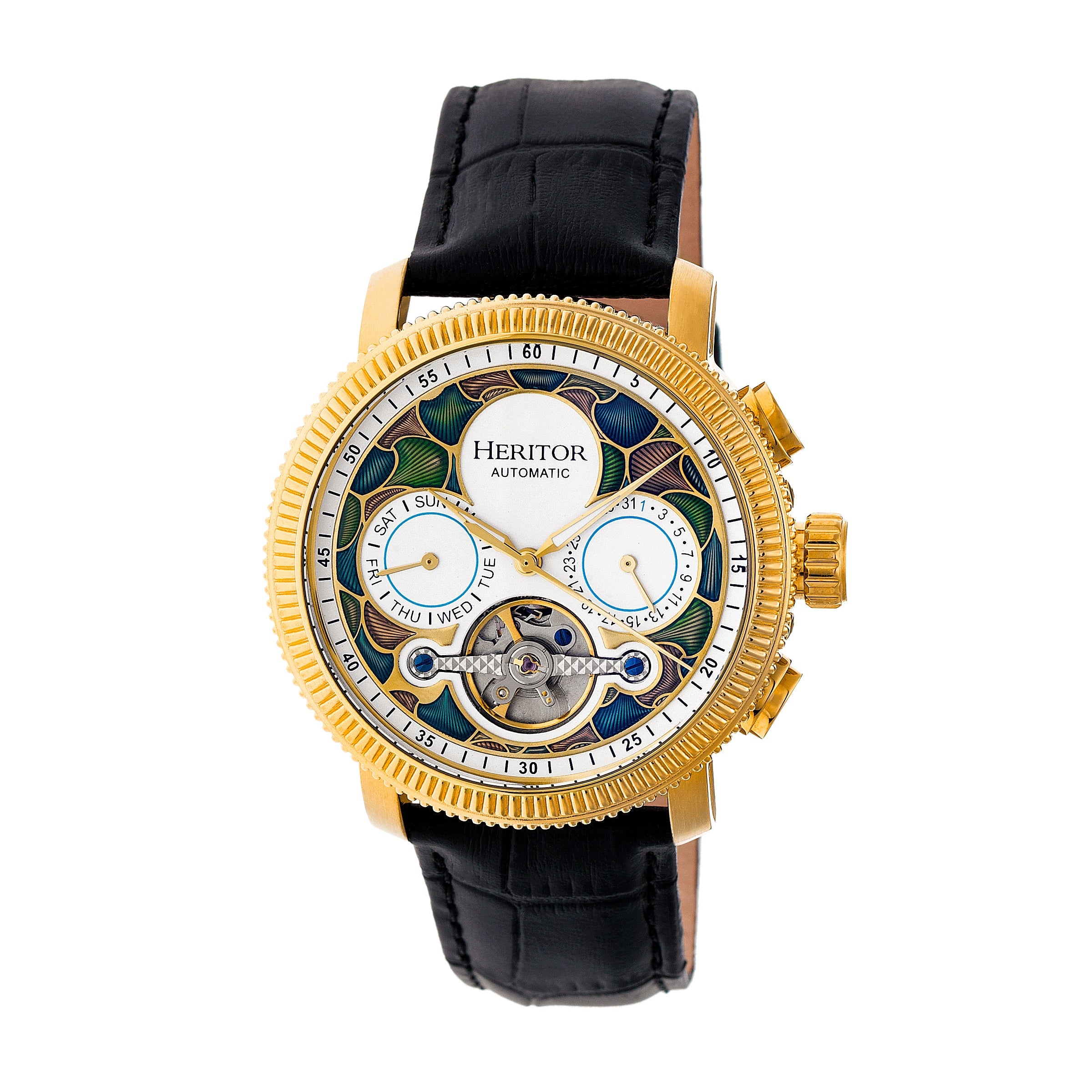 Heritor Automatic Aura Men's Semi-Skeleton Leather-Band Watch - Gold/White - HERHR3505