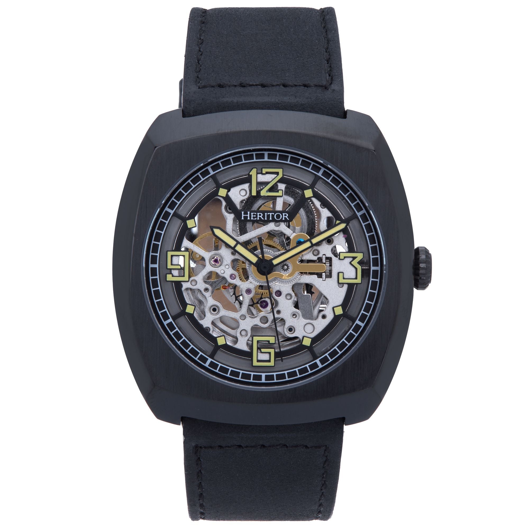 Heritor Automatic Gatling Skeletonized Leather-Band Watch - Black - HERHS2305