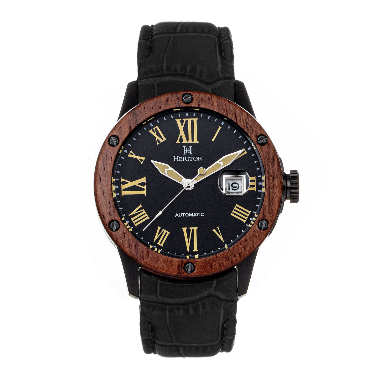 Heritor Automatic Everest Wooden Bezel Leather Band Watch /Date