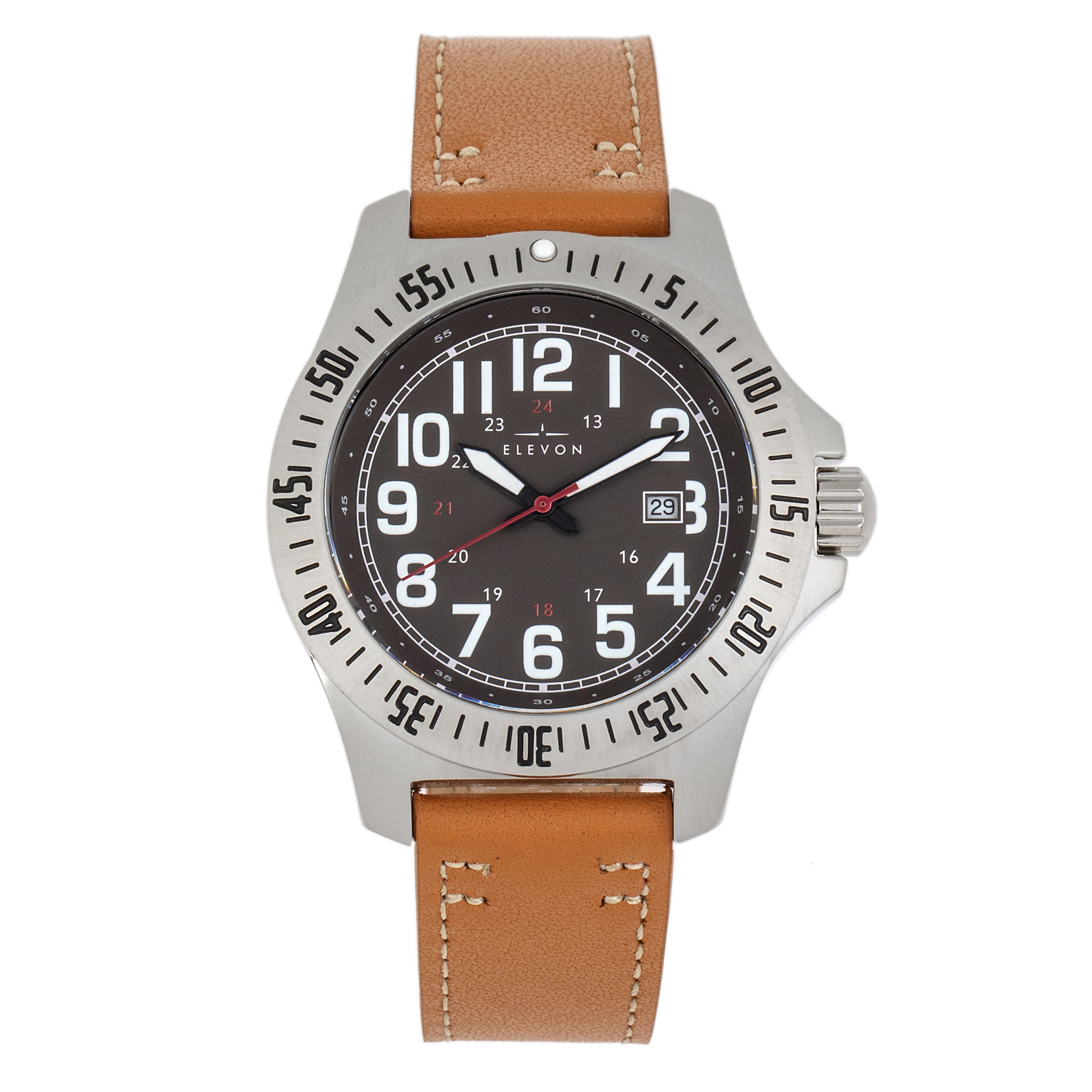 Elevon Aviator Leather-Band Watch w/Date - Camel/Brown - ELE120-14