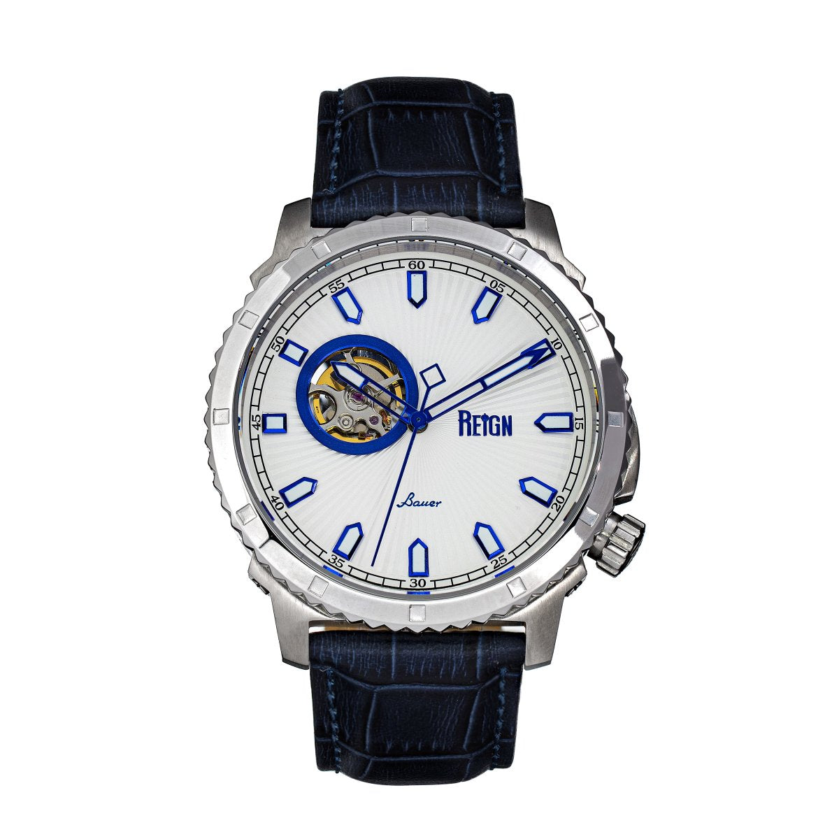 Reign Bauer Automatic Semi-Skeleton Leather-Band Watch - Silver/Blue - REIRN6003