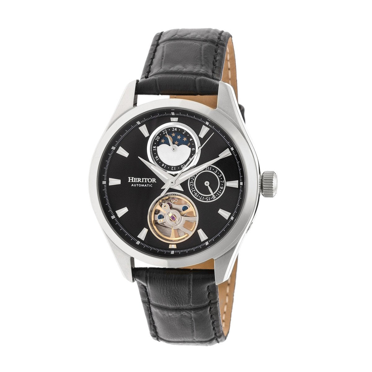 Heritor Automatic Sebastian Semi-Skeleton Leather-Band Watch  - Silver/Black - HERHR6902