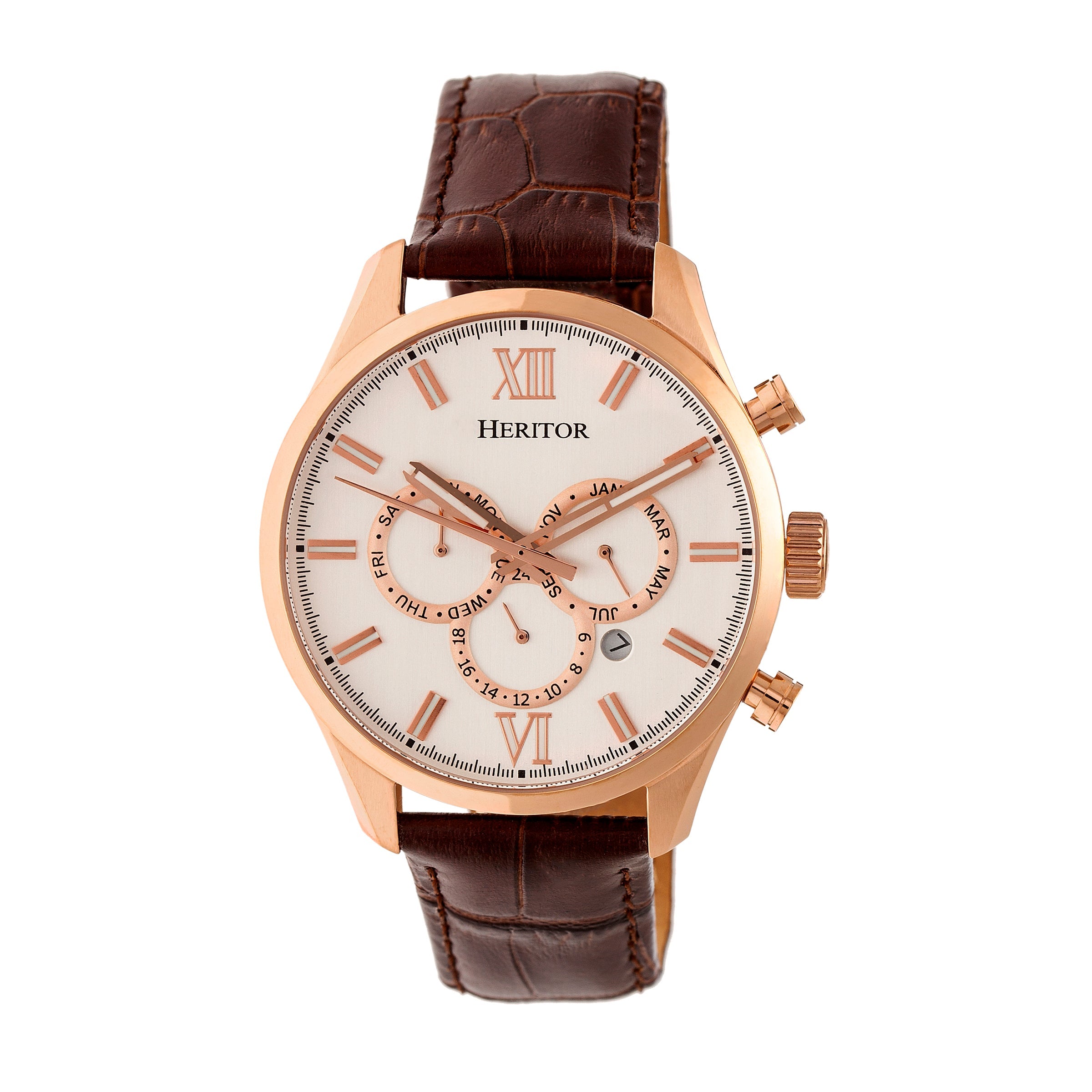 Heritor Automatic Benedict Leather-Band Watch w/ Day/Date - Rose Gold/Silver - HERHR6804