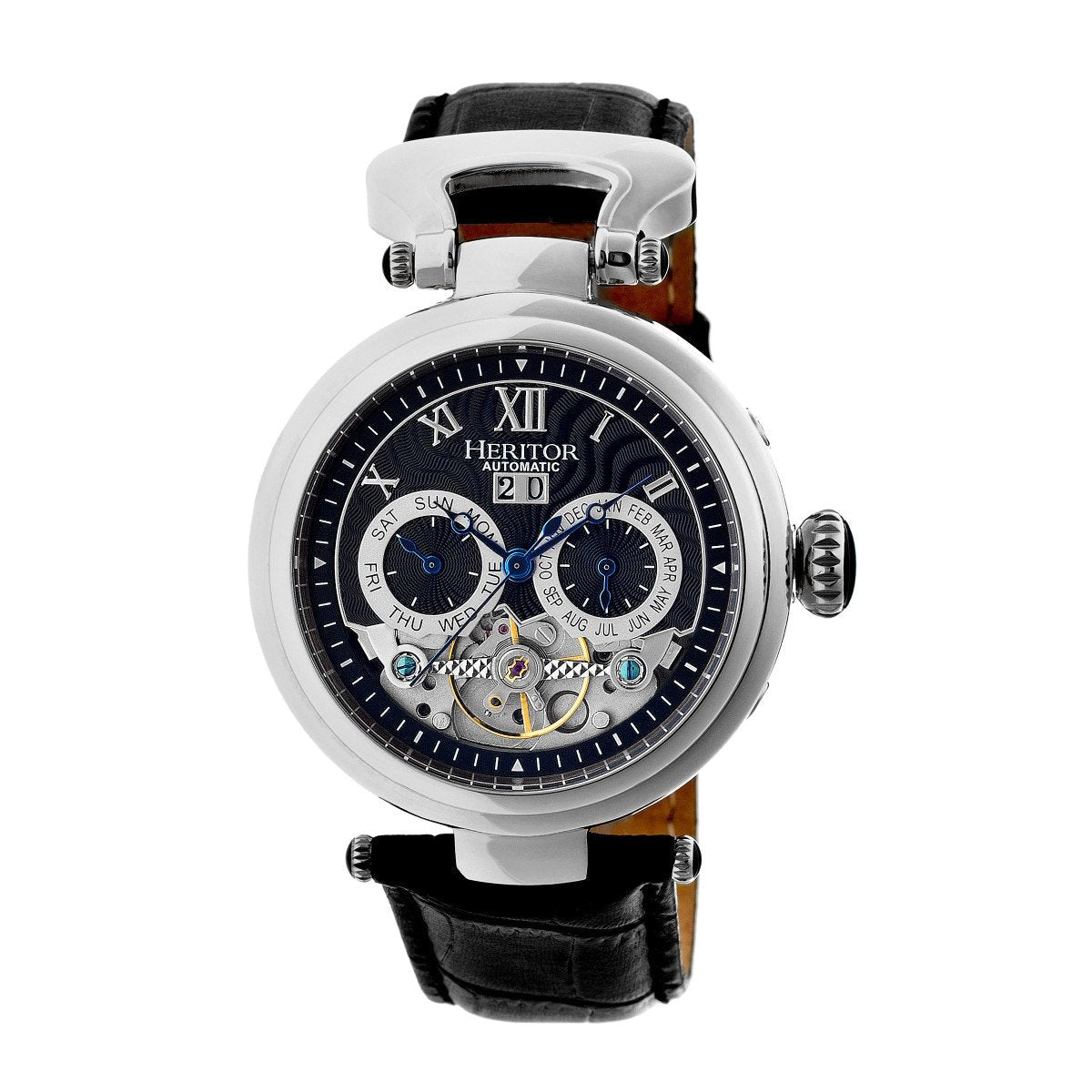 Heritor Automatic Ganzi Semi-Skeleton Leather-Band Watch - Silver/Black - HERHR3302