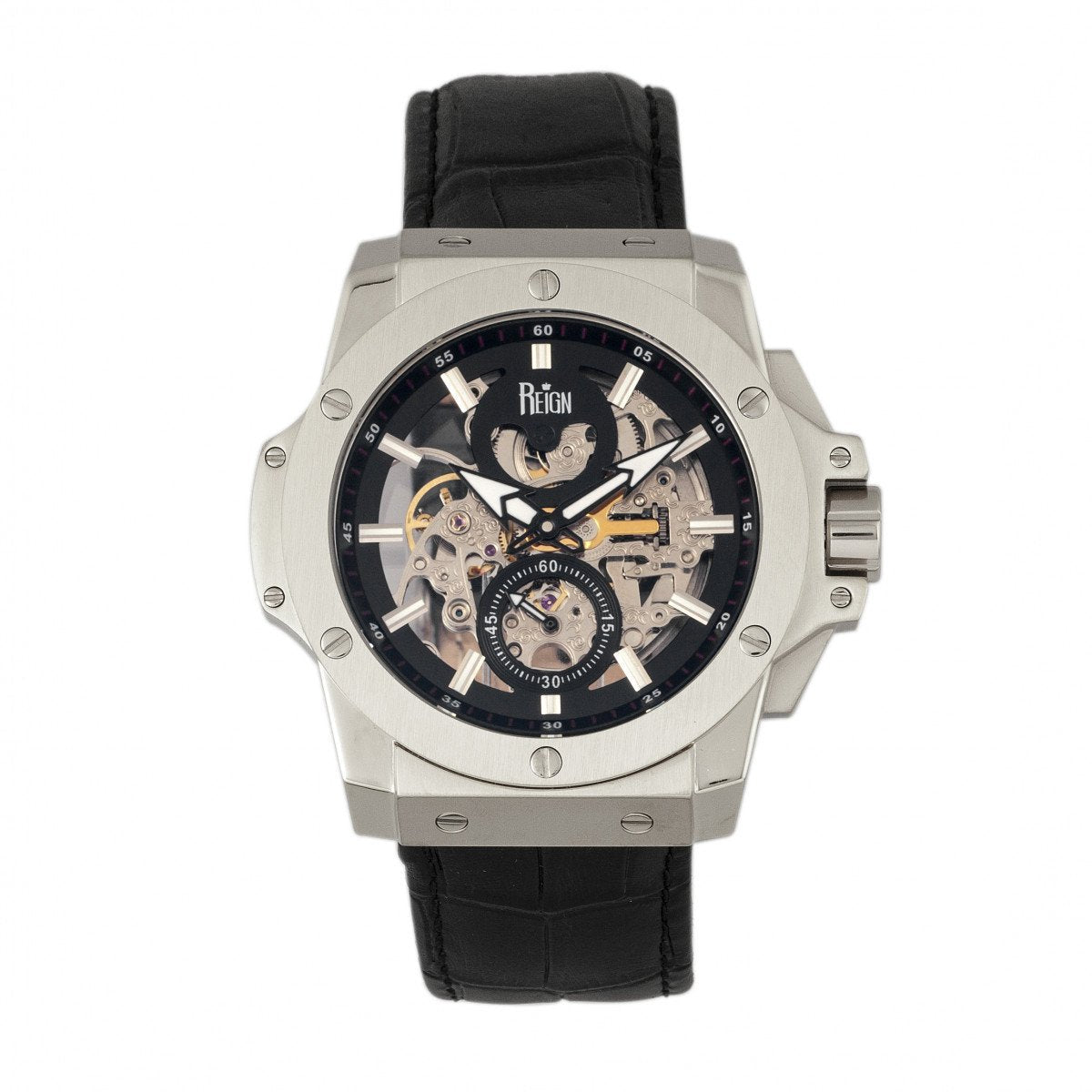 Reign Commodus Automatic Skeleton Leather-Band Watch - Silver/Black - REIRN4002