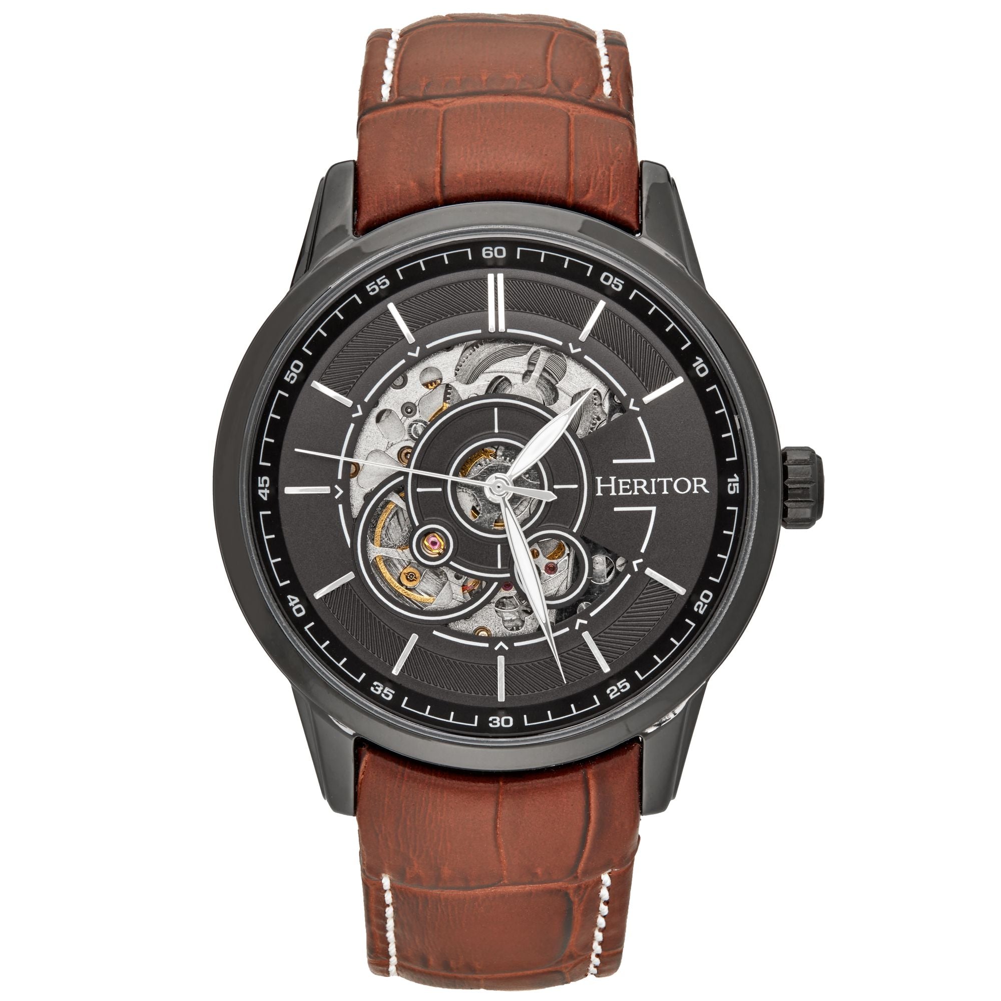 Heritor Automatic Davies Semi-Skeleton Leather-Band Watch - Black/Brown - HERHS2506