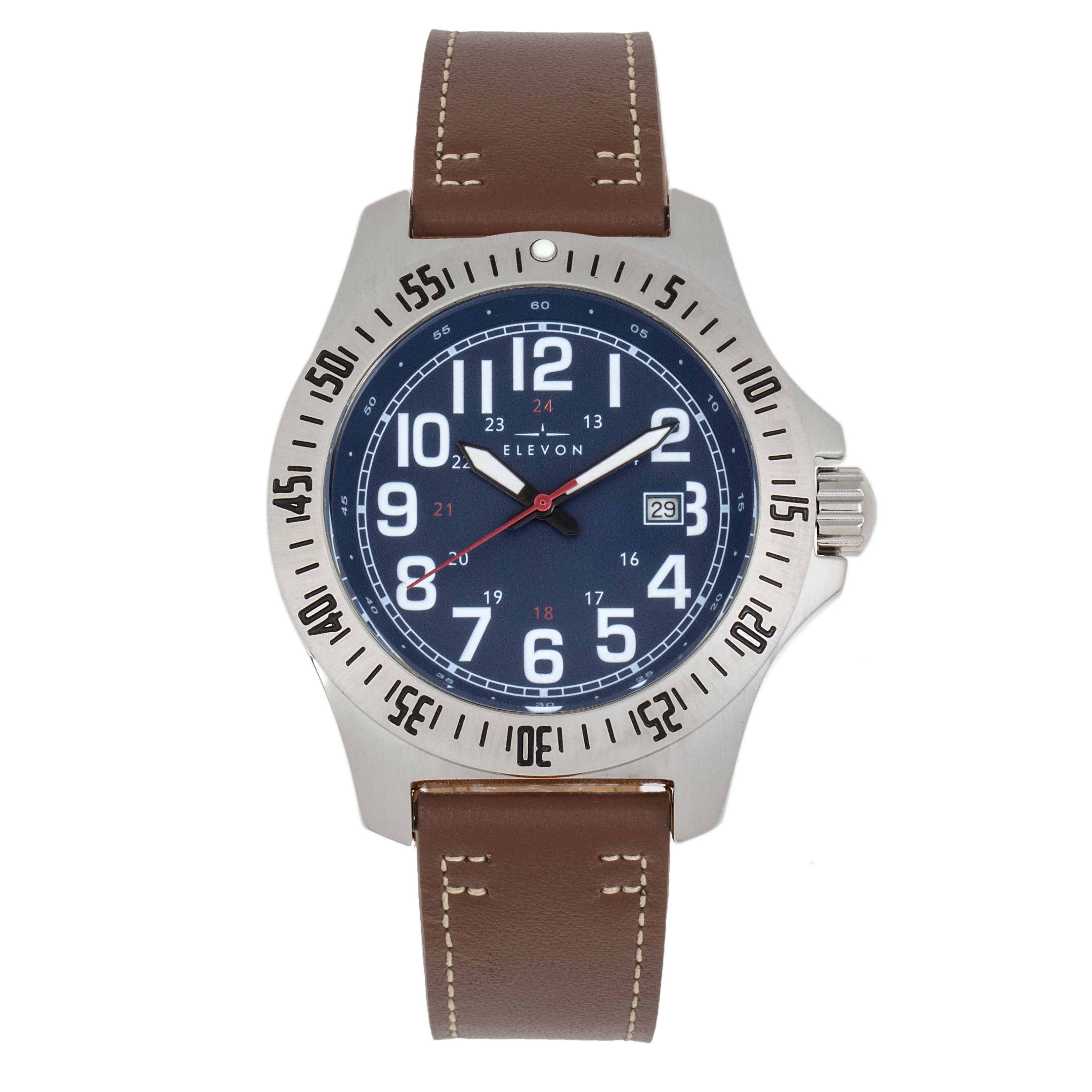 Elevon Aviator Leather-Band Watch w/Date - Brown/Blue - ELE120-11