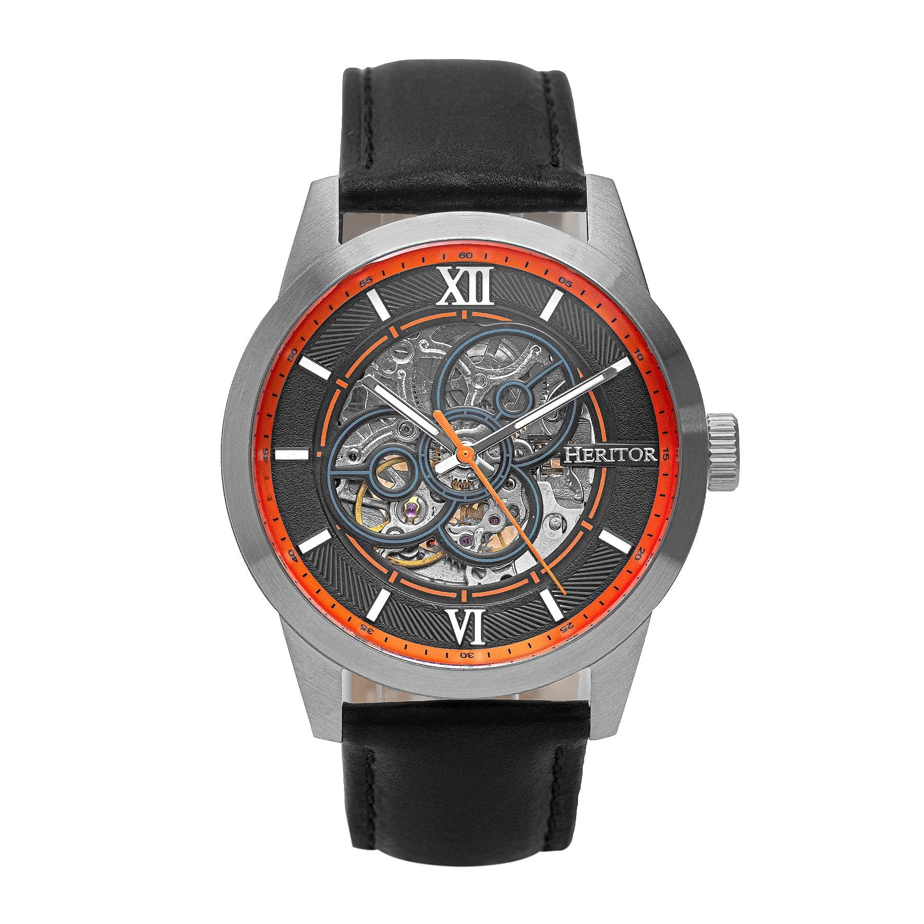 Heritor Automatic Jonas Leather-Band Skeleton Watch - Silver/Orange - HERHR9502