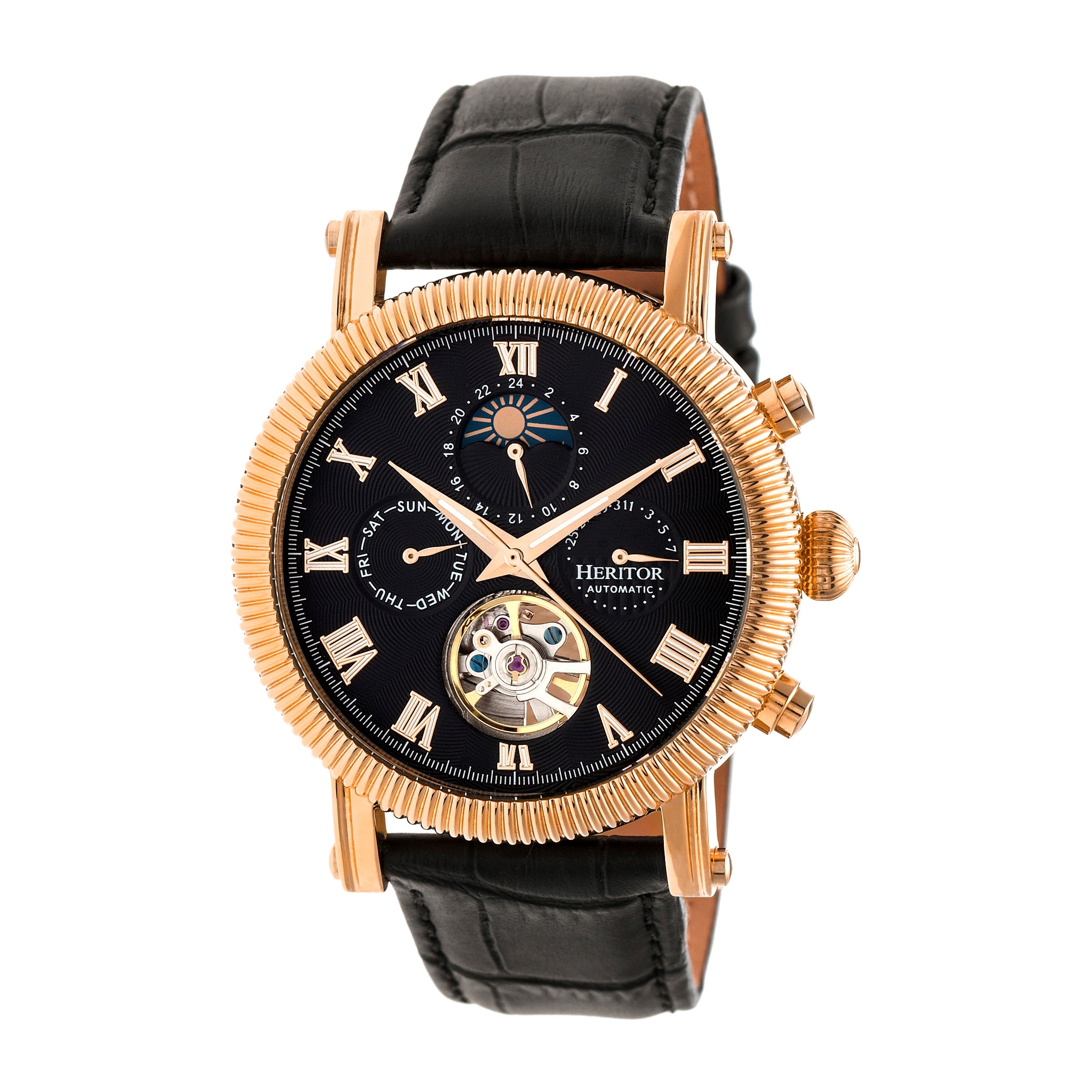 Heritor Automatic Winston Semi-Skeleton Leather-Band Watch - Rose Gold/Black - HERHR5206