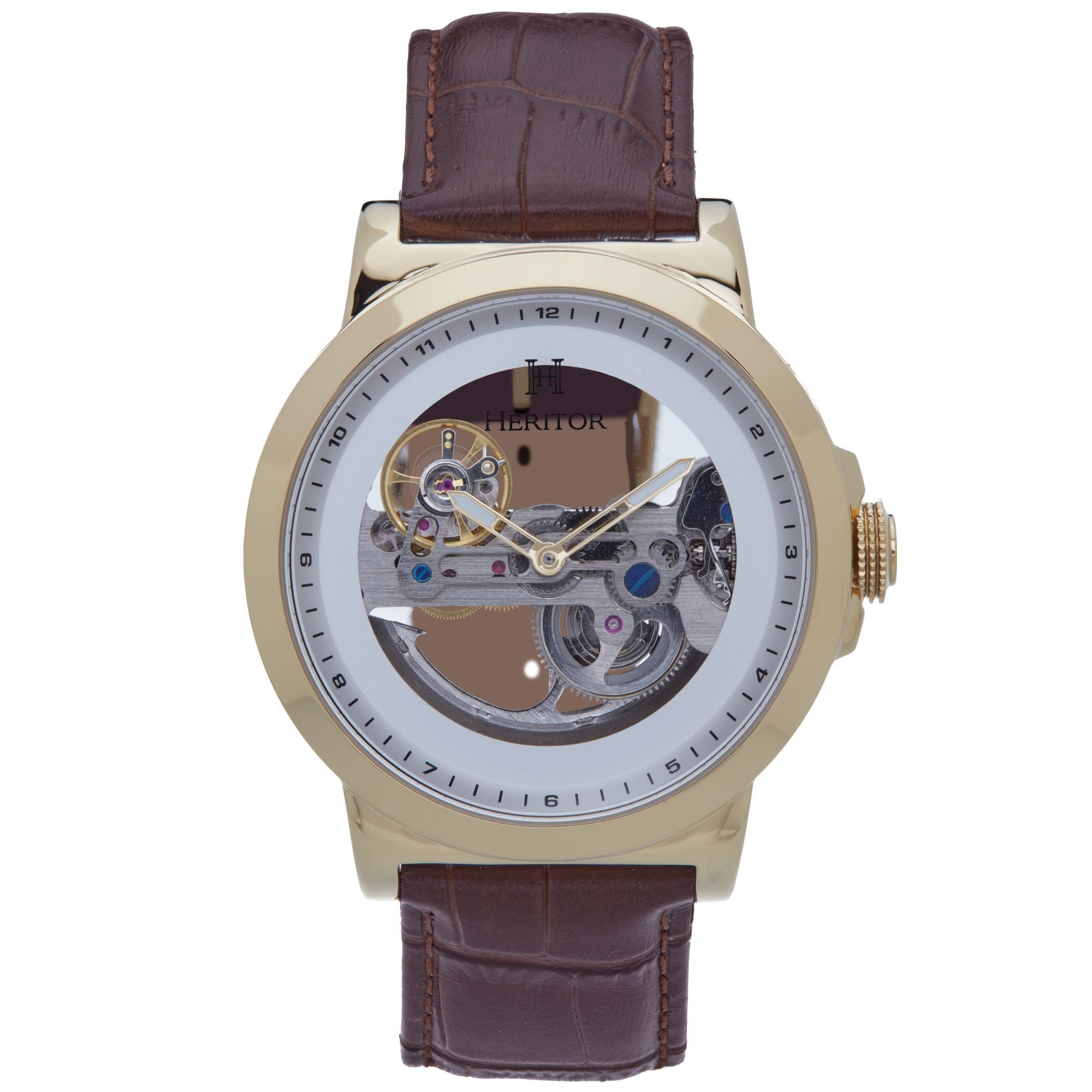 Heritor Automatic Xander Semi-Skeleton Leather-Band Watch - Gold/Brown - HERHS2403